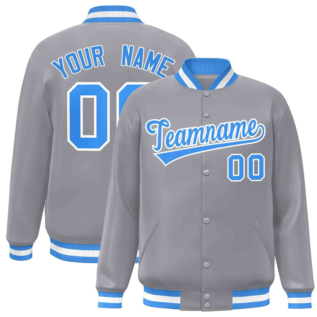Custom Gray Powder Blue-White Classic Style Varsity Full-Snap Letterman Jacket | KXKSHOP