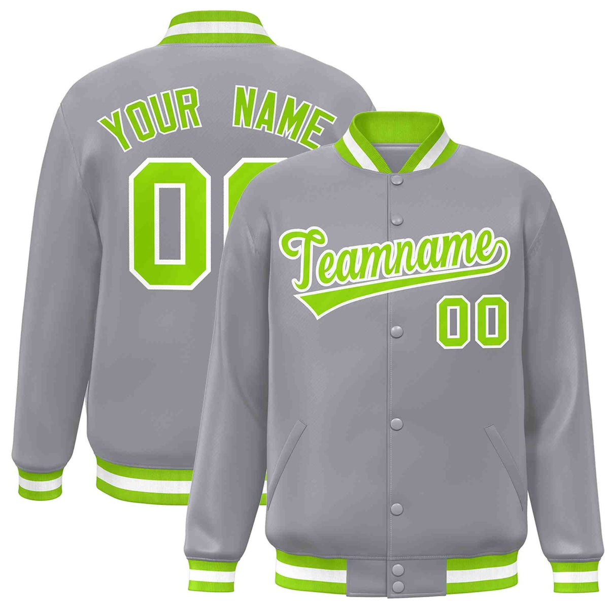 Custom Gray Neon Green-White Classic Style Varsity Full-Snap Letterman Jacket | KXKSHOP