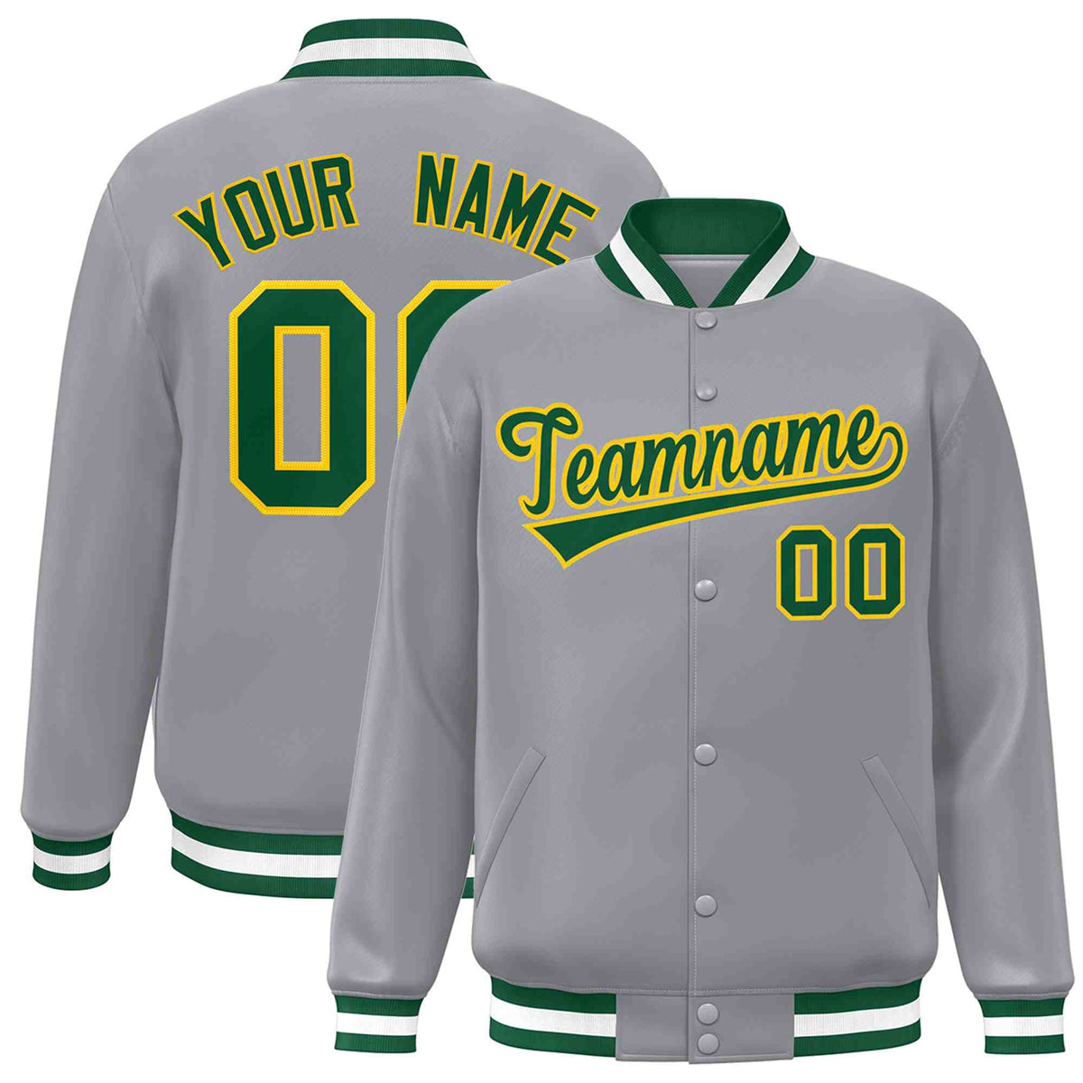 Custom Gray Green-Gold Classic Style Varsity Full-Snap Letterman Jacket | KXKSHOP