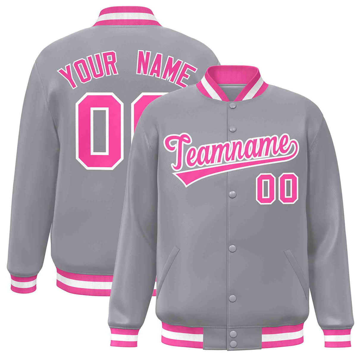 Custom Gray Pink-White Classic Style Varsity Full-Snap Letterman Jacket | KXKSHOP