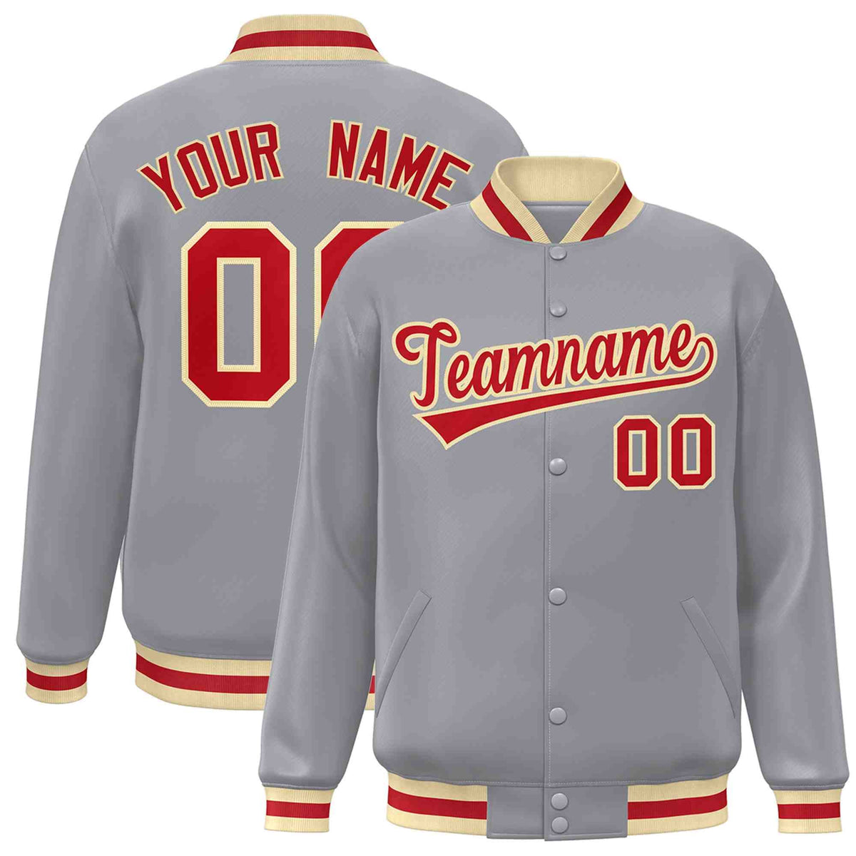Custom Gray Red-Khaki Classic Style Varsity Full-Snap Letterman Jacket | KXKSHOP