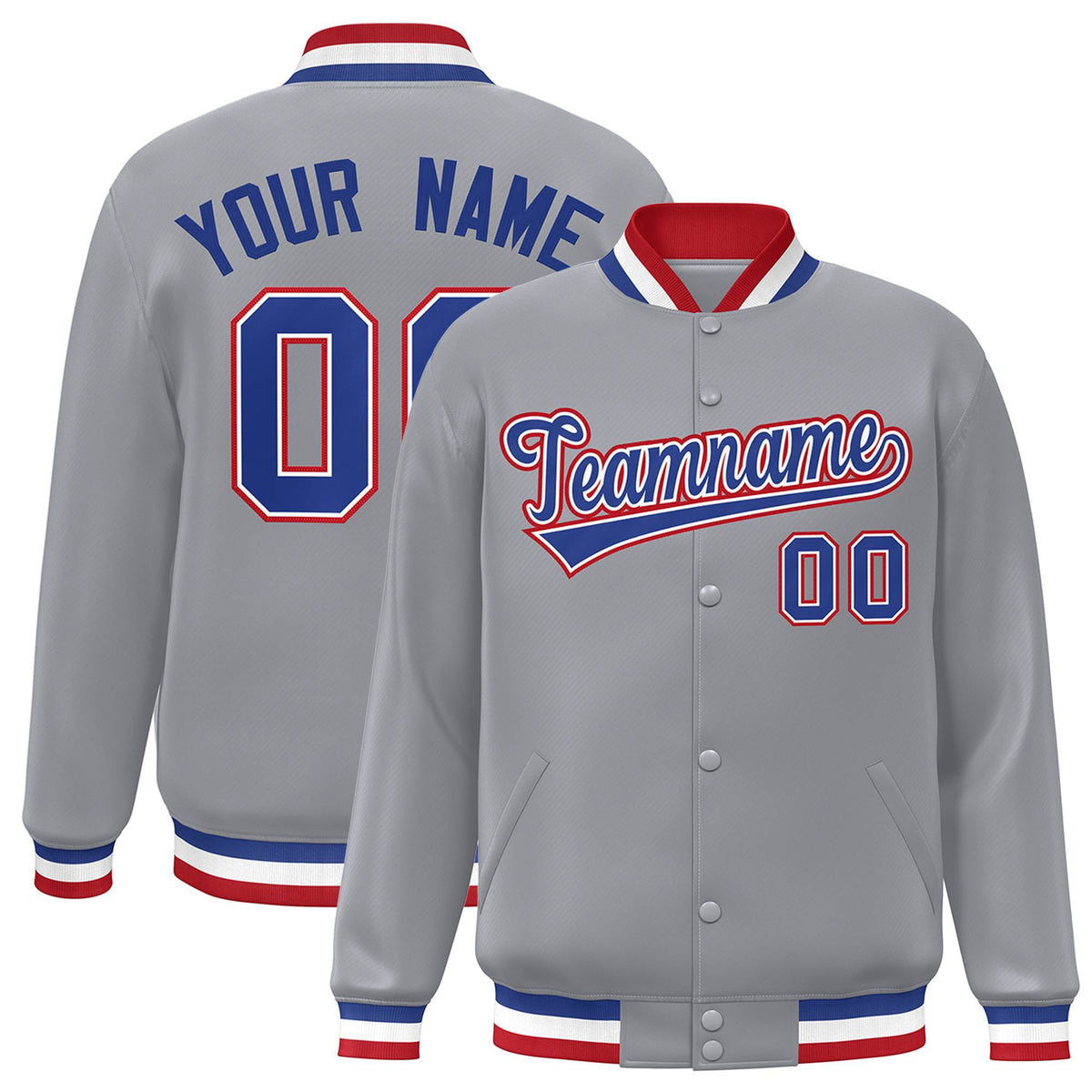 Custom Gray Royal-White Classic Style Varsity Full-Snap Letterman Jacket | KXKSHOP