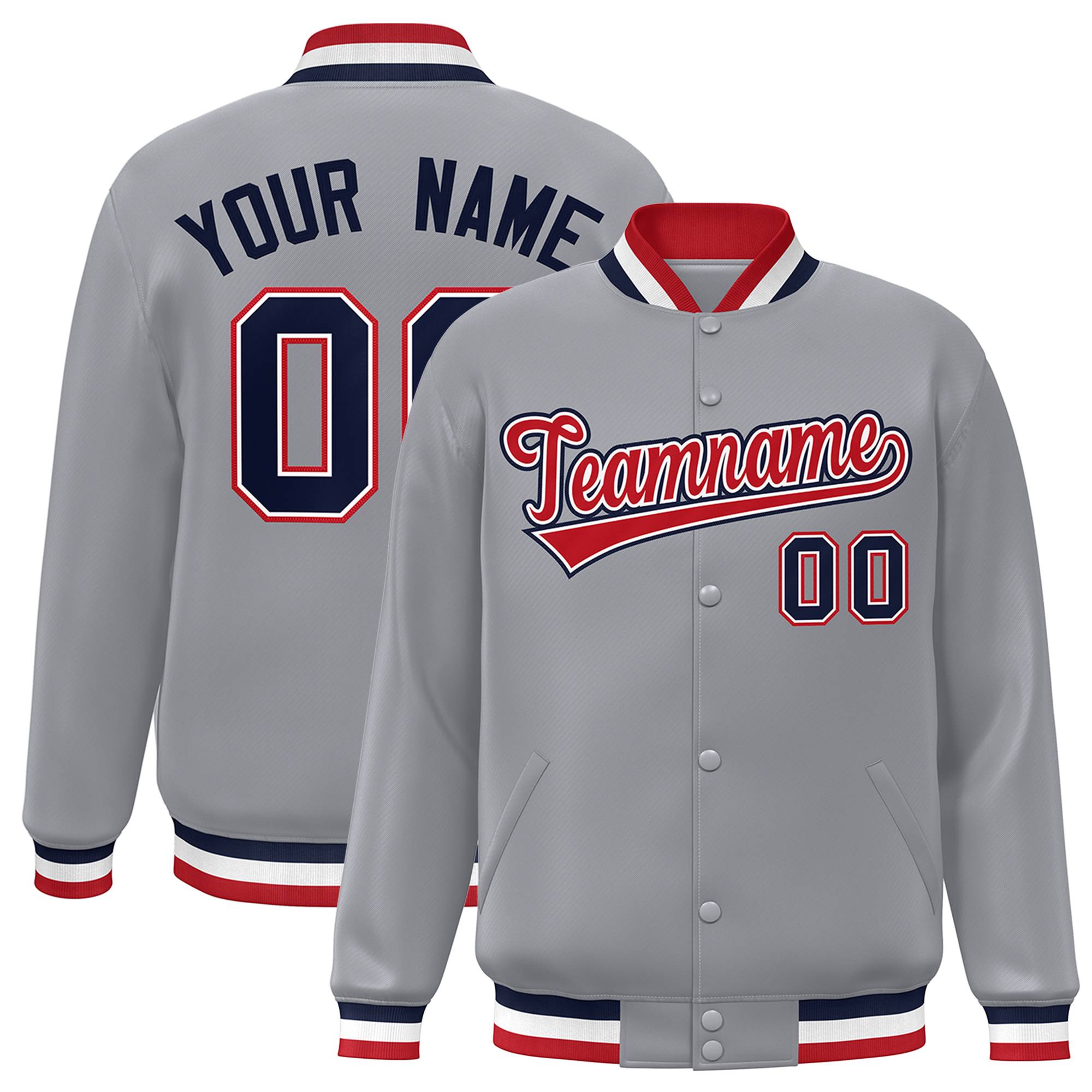 Custom Gray Red-White Classic Style Varsity Full-Snap Letterman Jacket | KXKSHOP