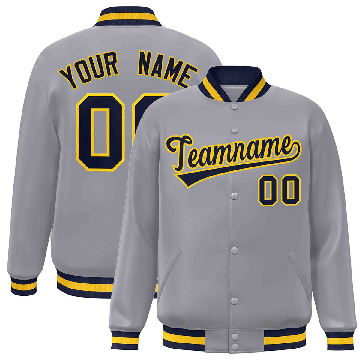 Custom Gray Navy-Gold Classic Style Varsity Full-Snap Letterman Jacket | KXKSHOP
