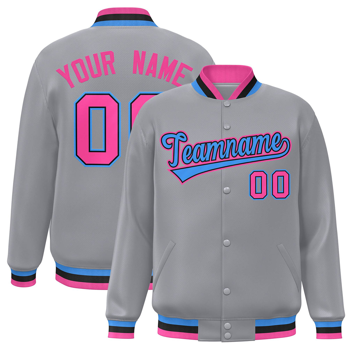 Custom Gray Powder Blue-Black Classic Style Varsity Full-Snap Letterman Jacket | KXKSHOP