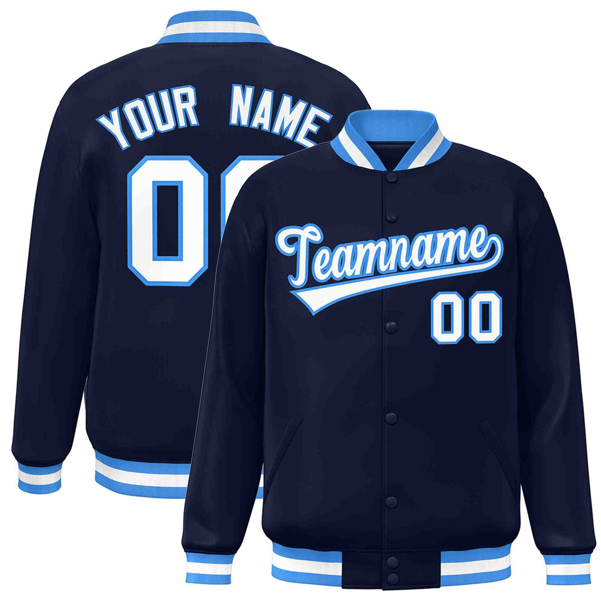 Custom Navy White-Powder Blue Classic Style Varsity Full-Snap Letterman Jacket | KXKSHOP