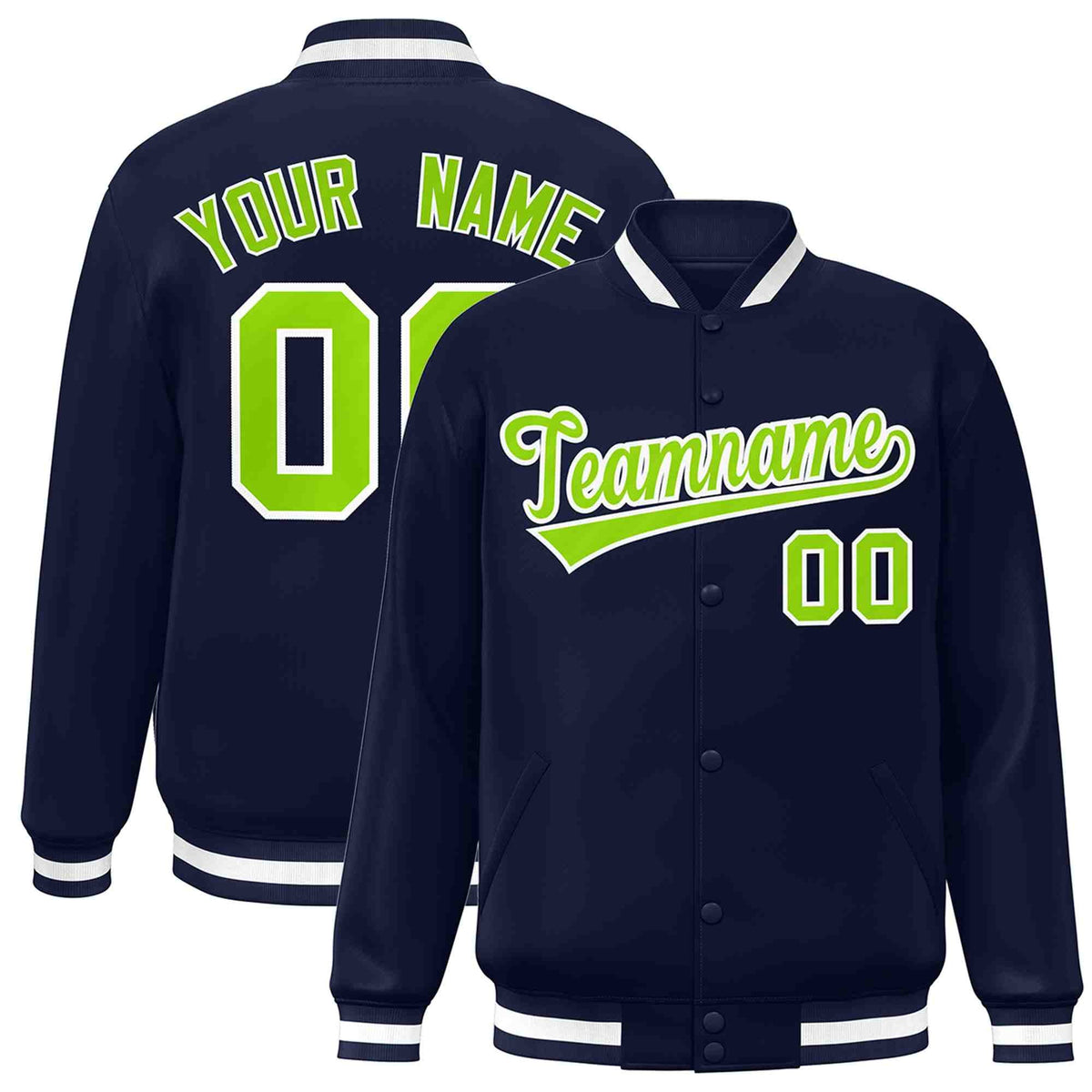 Custom Navy Neon Green-White Classic Style Varsity Full-Snap Letterman Jacket | KXKSHOP