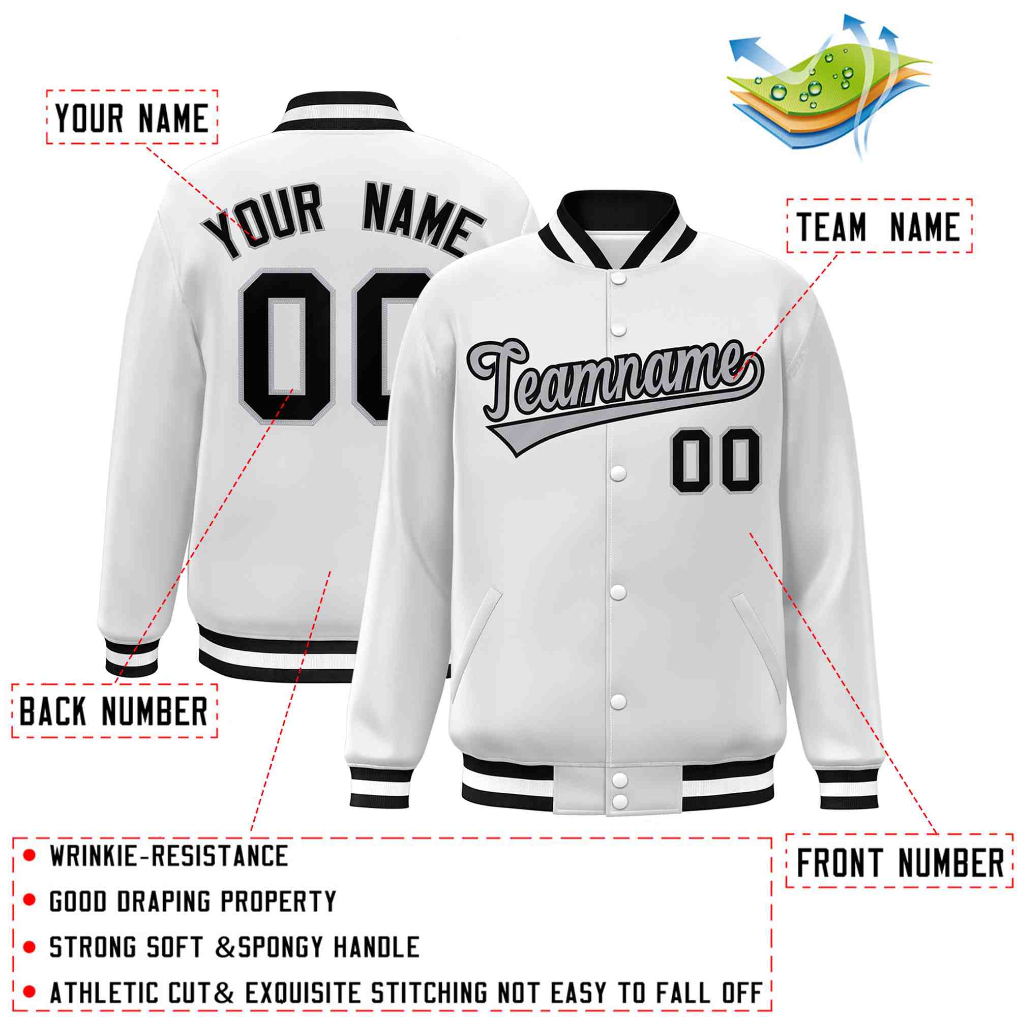 Custom White Black-Gray Classic Style Varsity Full-Snap Letterman Jacket | KXKSHOP