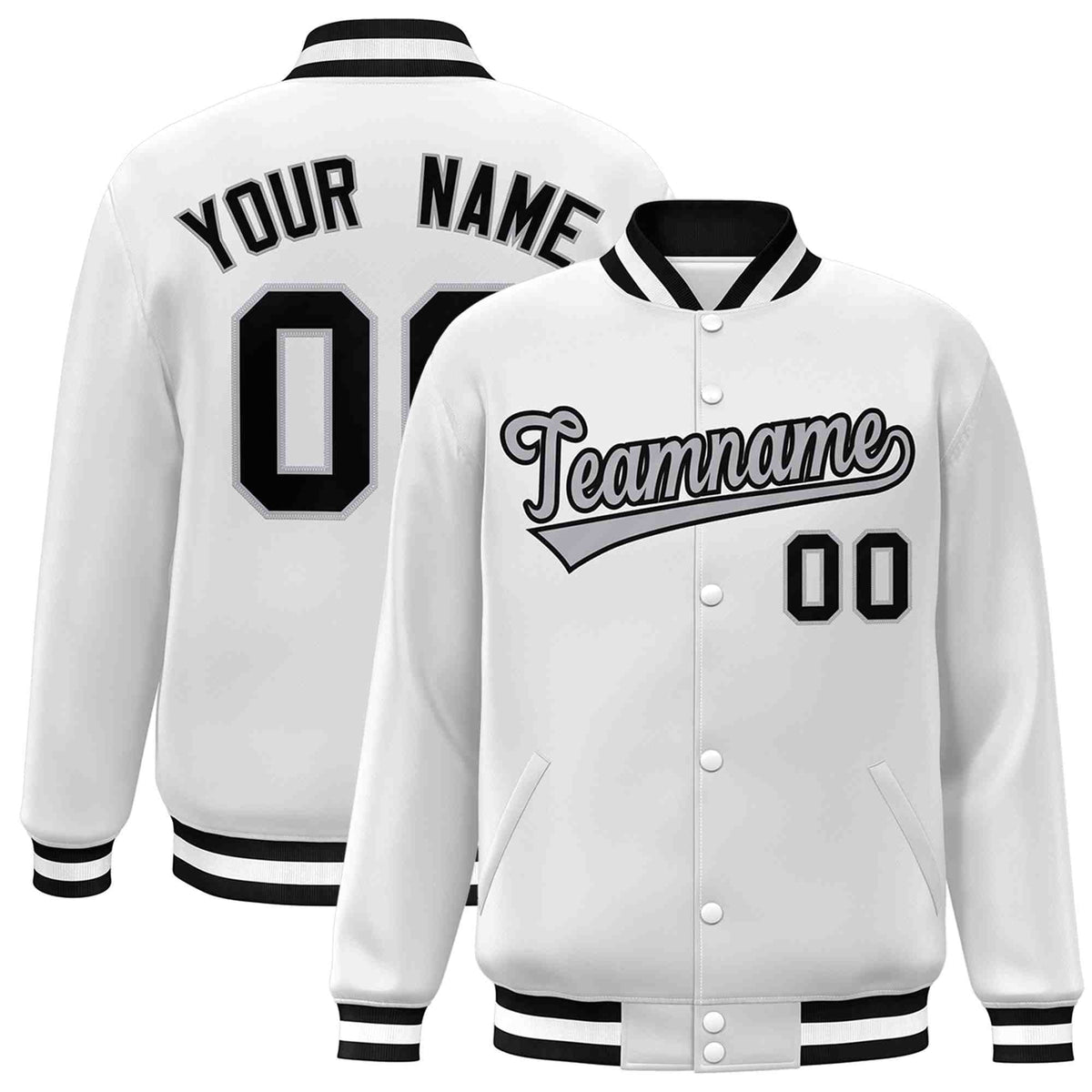 Custom White Gray-Black Classic Style Varsity Full-Snap Letterman Jacket | KXKSHOP