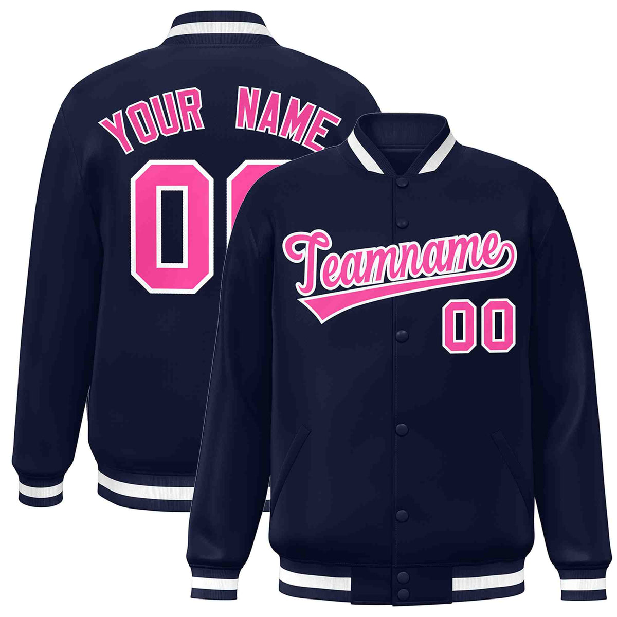 Custom Navy Pink-White Classic Style Varsity Full-Snap Letterman Jacket | KXKSHOP