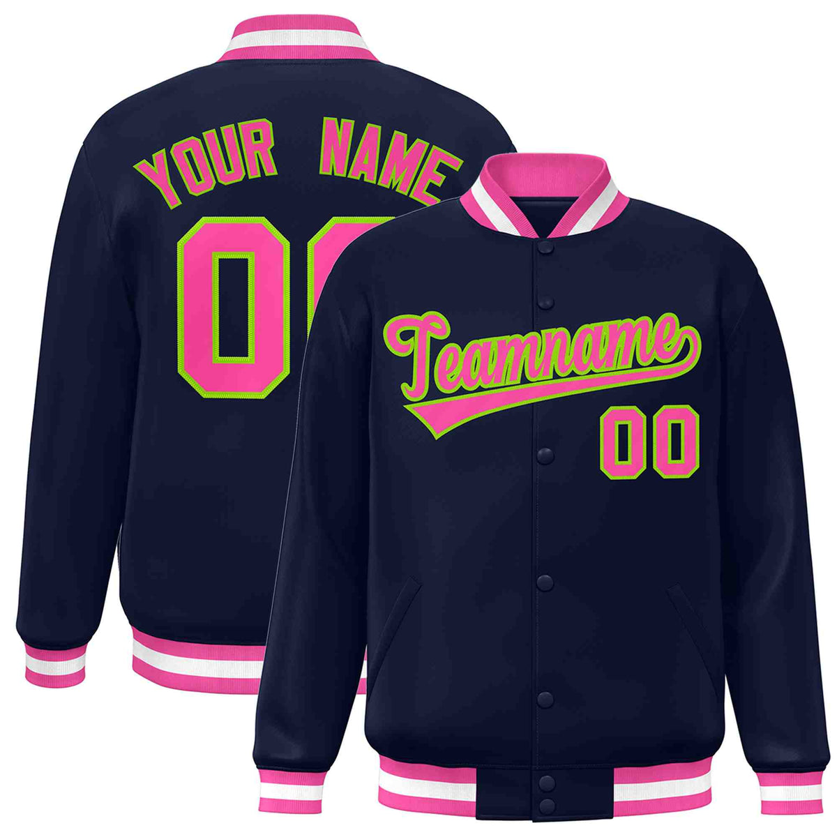 Custom Navy Pink-Neon Green Classic Style Varsity Full-Snap Letterman Jacket | KXKSHOP