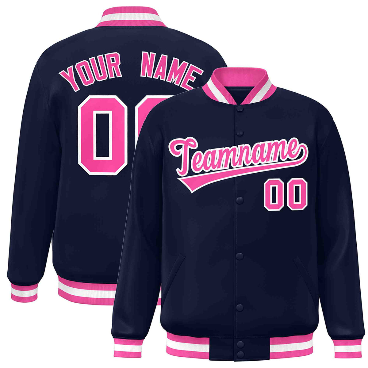 Custom Navy Pink-White Classic Style Varsity Full-Snap Letterman Jacket | KXKSHOP