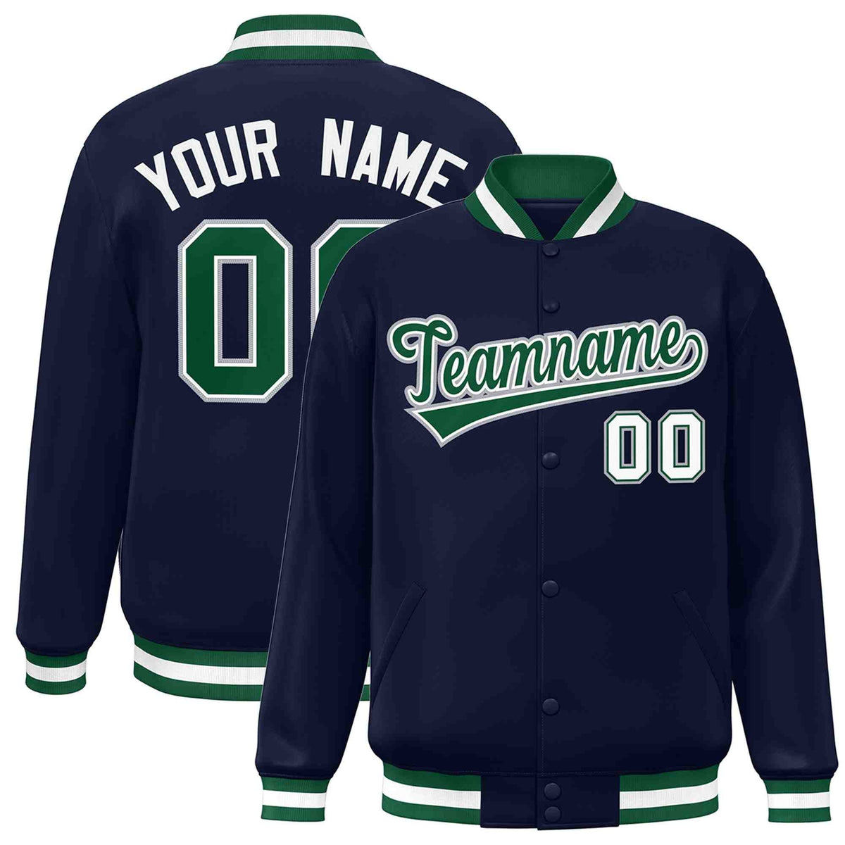 Custom Navy Green-White Classic Style Varsity Full-Snap Letterman Jacket | KXKSHOP