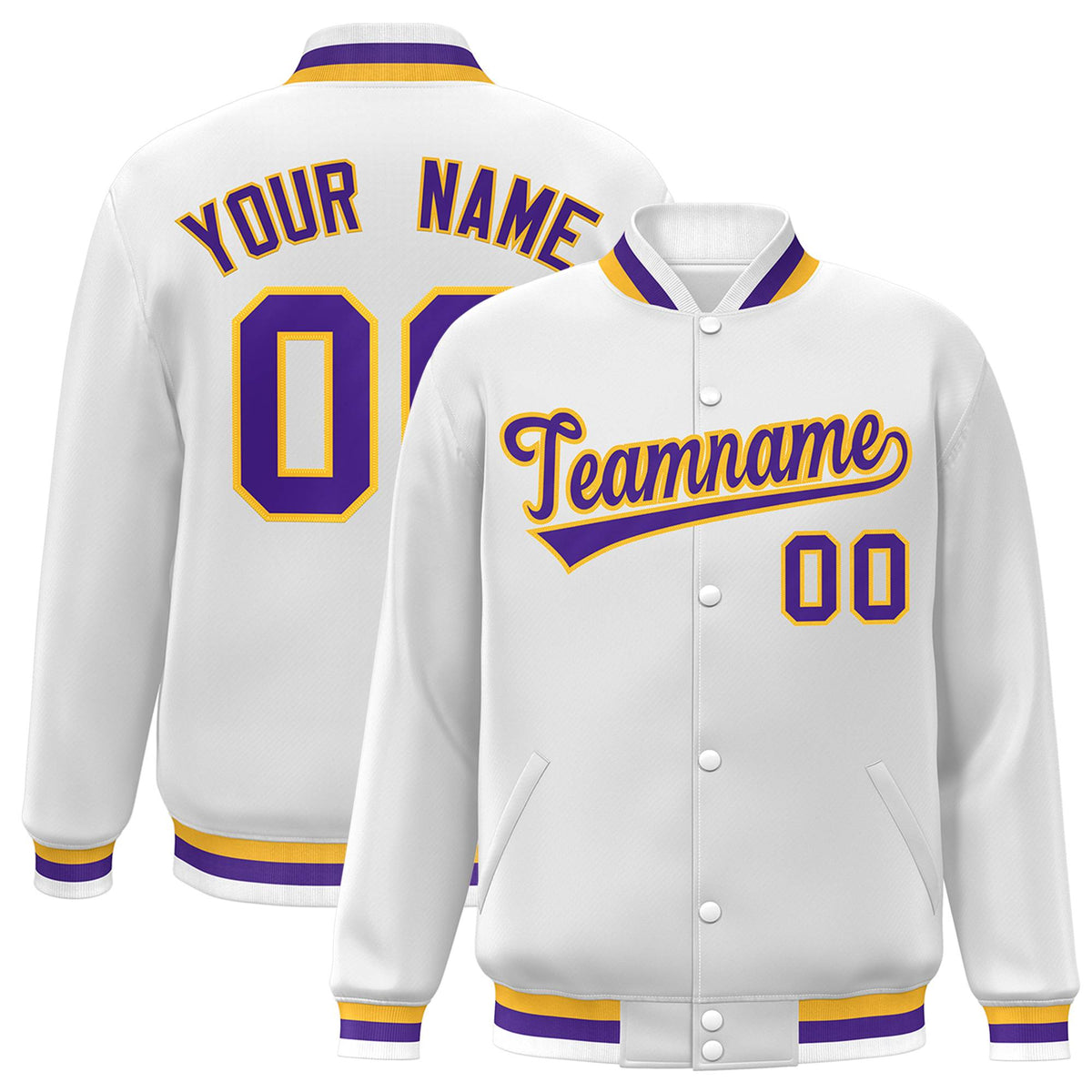 Custom White Purple-Gold Classic Style Varsity Full-Snap Letterman Jacket | KXKSHOP