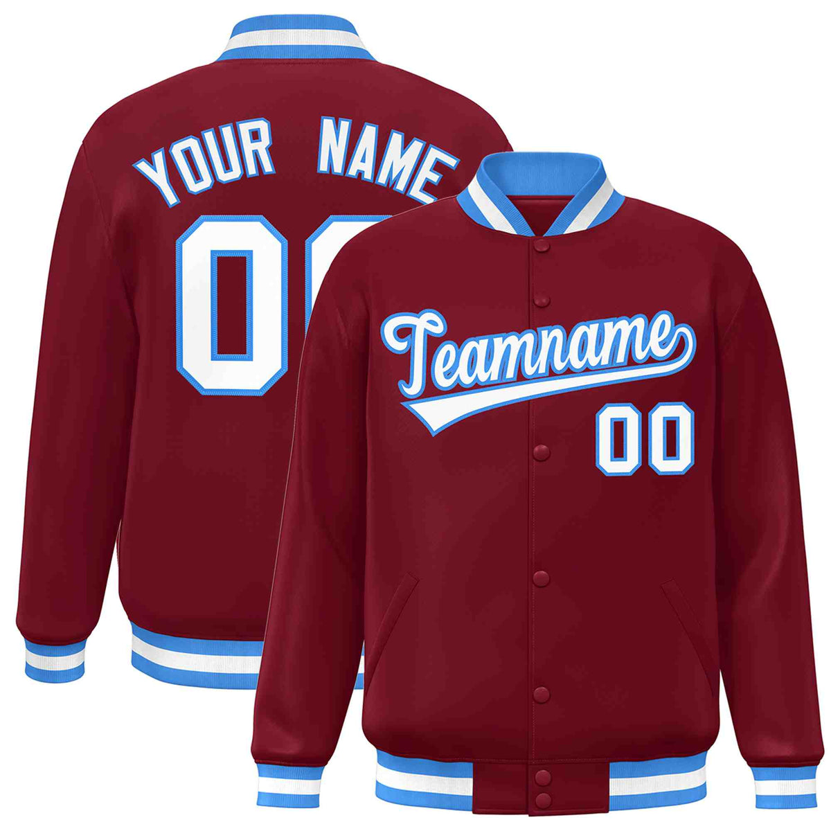 Custom Crimson White-Powder Blue Classic Style Varsity Full-Snap Letterman Jacket | KXKSHOP