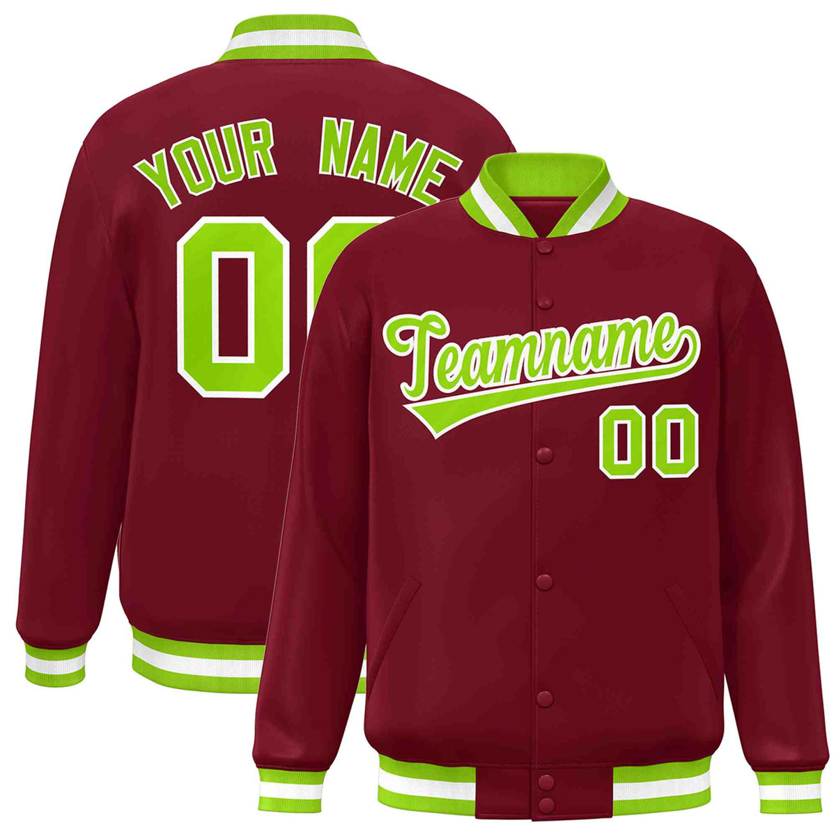 Custom Crimson Neon Green-White Classic Style Varsity Full-Snap Letterman Jacket | KXKSHOP