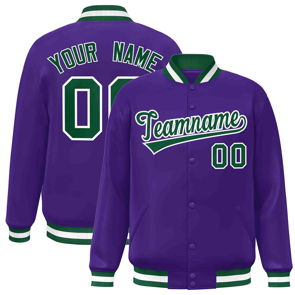 Custom Purple Green-White Classic Style Varsity Full-Snap Letterman Jacket | KXKSHOP