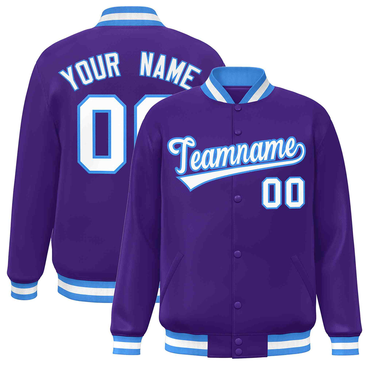 Custom Purple White-Powder Blue Classic Style Varsity Full-Snap Letterman Jacket | KXKSHOP