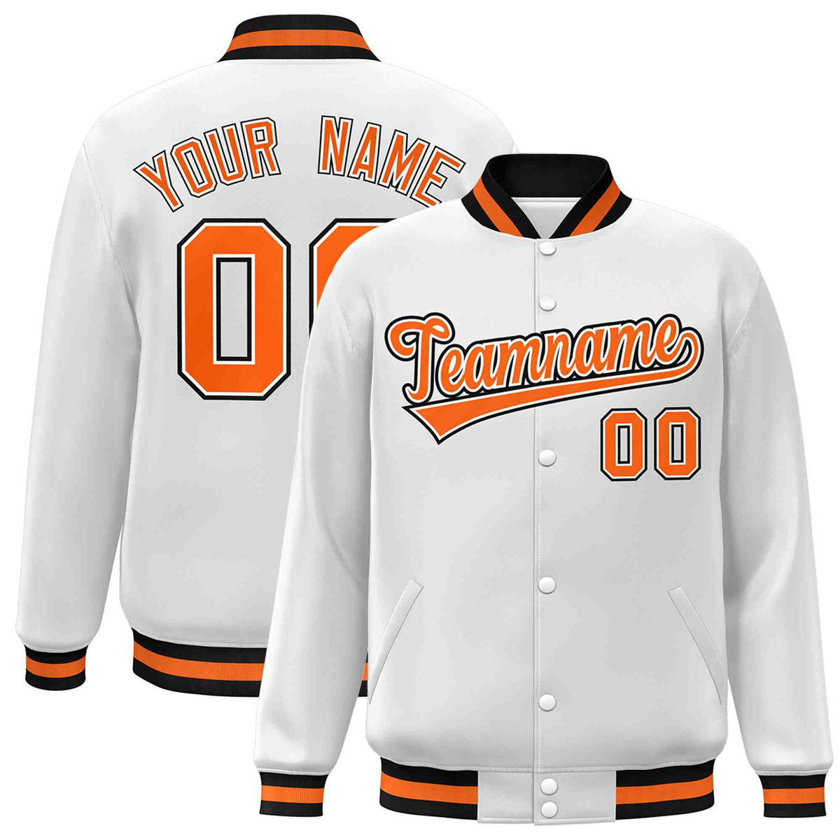 Custom White Orange-White Classic Style Varsity Full-Snap Letterman Jacket | KXKSHOP