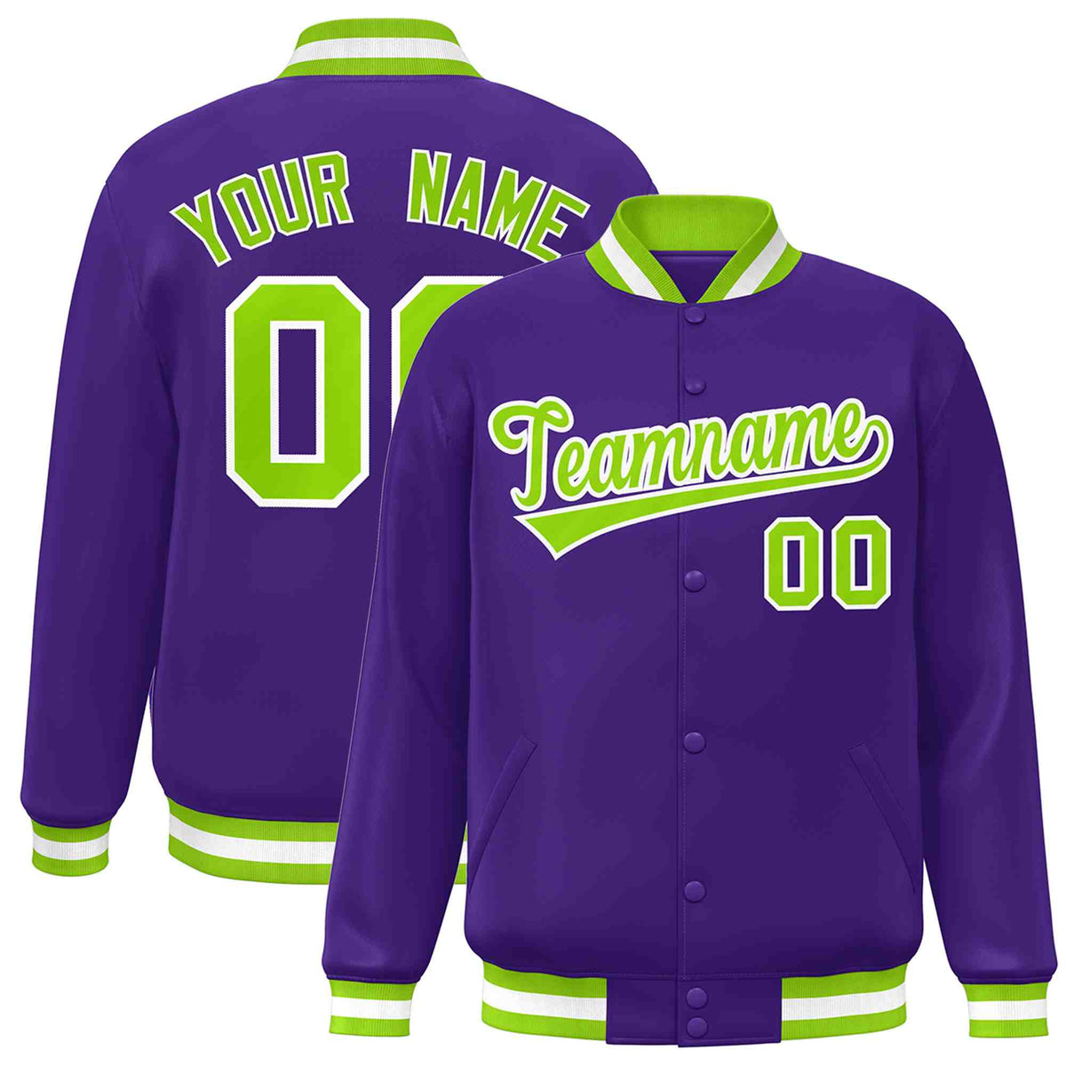 Custom Purple Neon Green-White Classic Style Varsity Full-Snap Letterman Jacket | KXKSHOP