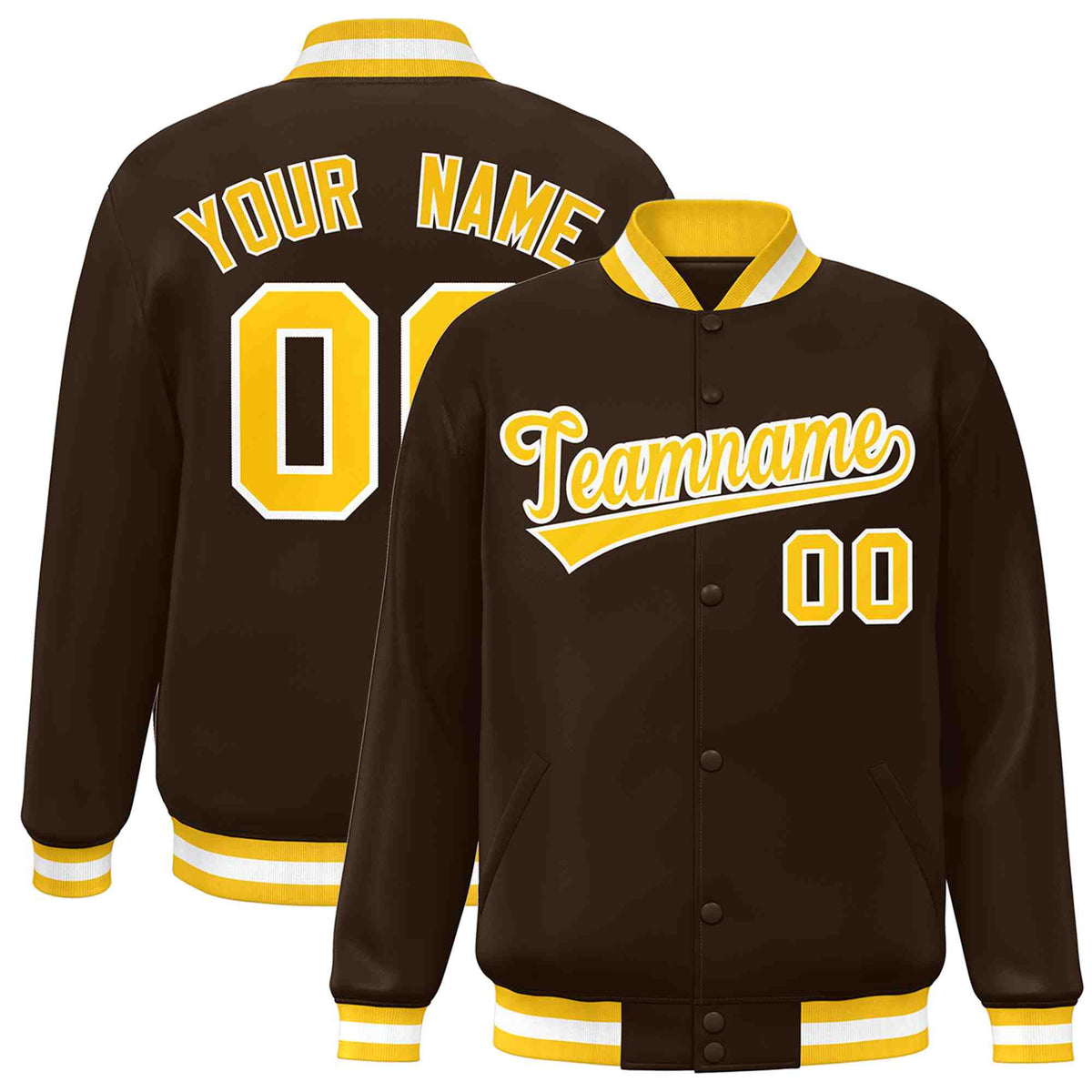 Custom Brown Gold-White Classic Style Varsity Full-Snap Letterman Jacket | KXKSHOP
