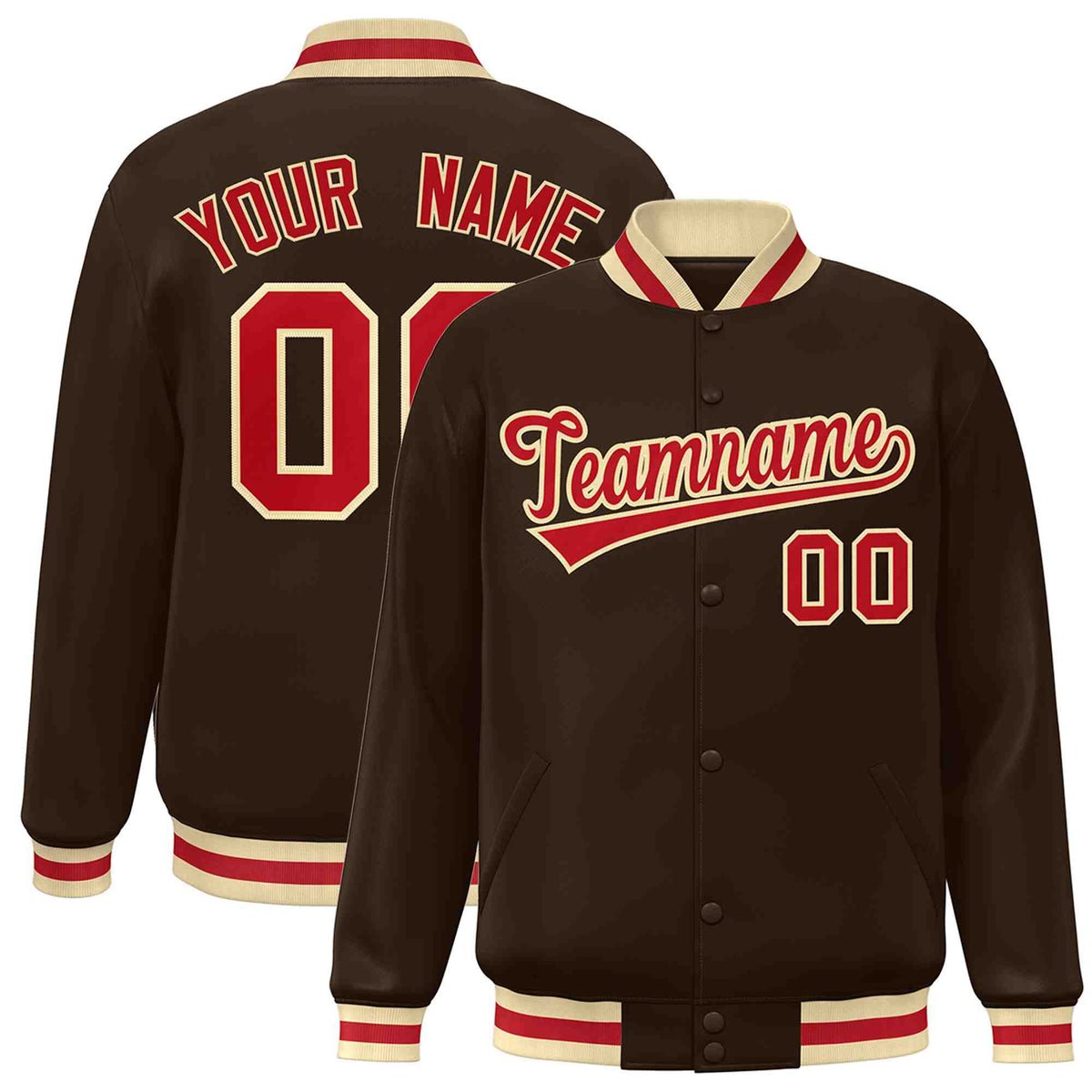 Custom Brown Red-Khaki Classic Style Varsity Full-Snap Letterman Jacket | KXKSHOP