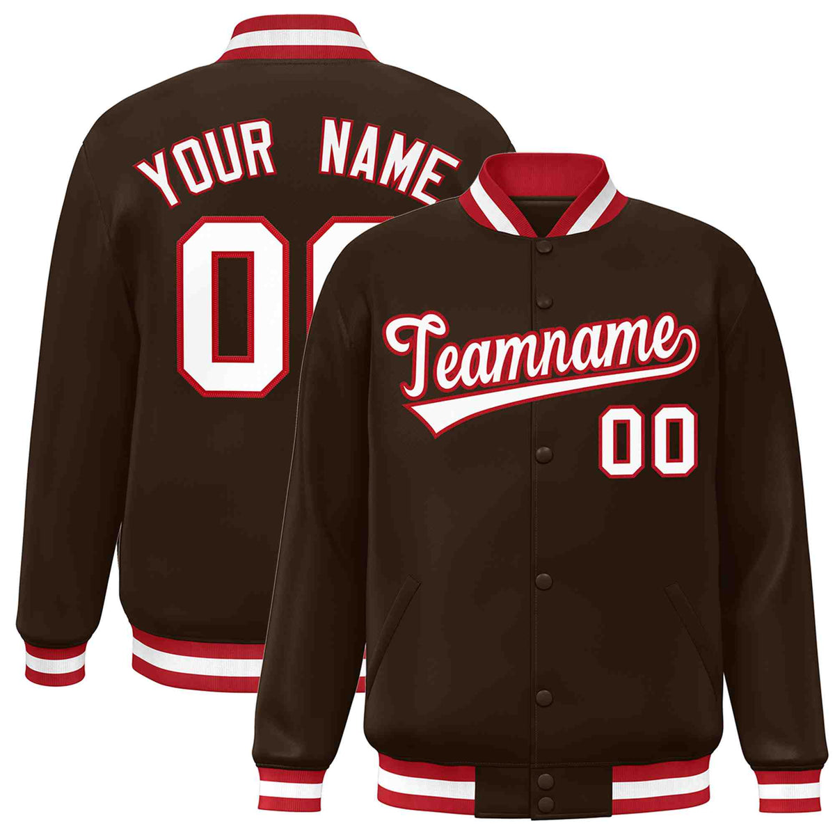 Custom Brown White-Red Classic Style Varsity Full-Snap Letterman Jacket | KXKSHOP