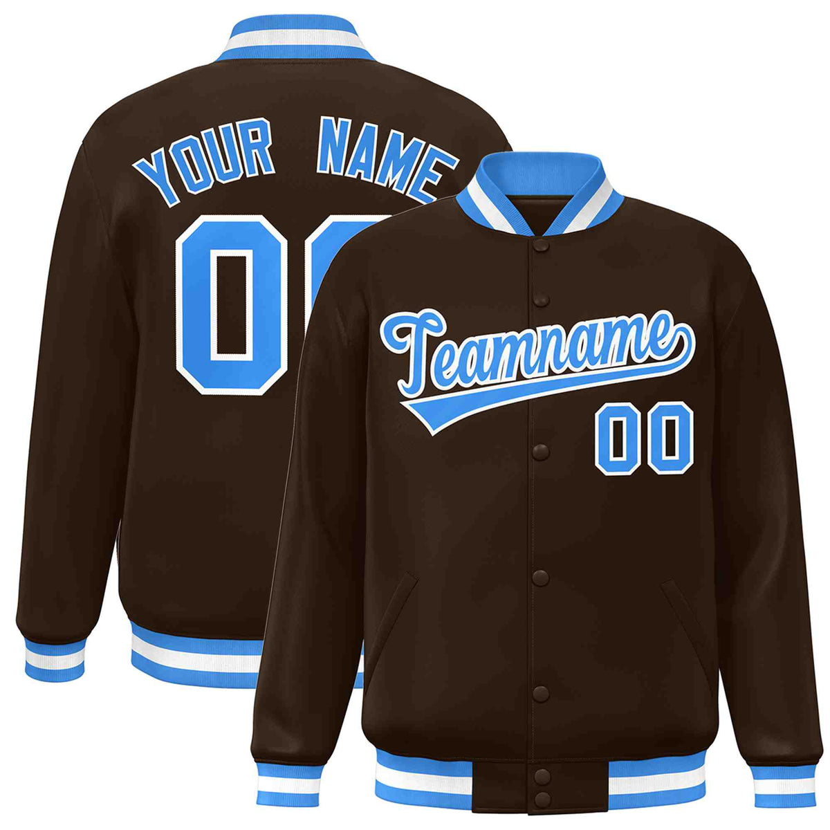 Custom Brown Powder Blue-White Classic Style Varsity Full-Snap Letterman Jacket | KXKSHOP