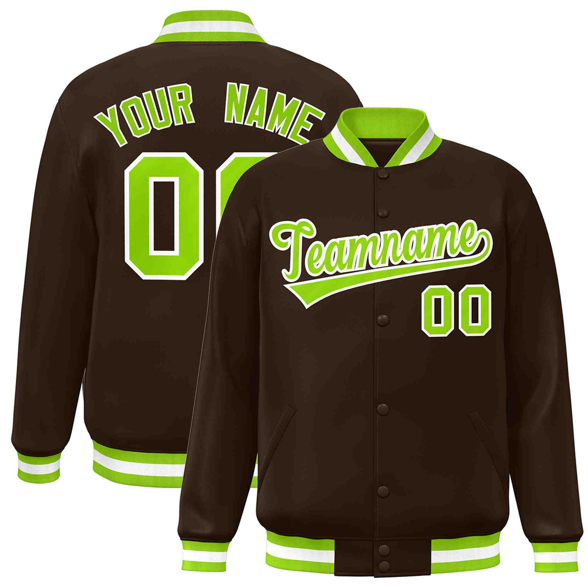 Custom Brown Neon Green-White Classic Style Varsity Full-Snap Letterman Jacket | KXKSHOP
