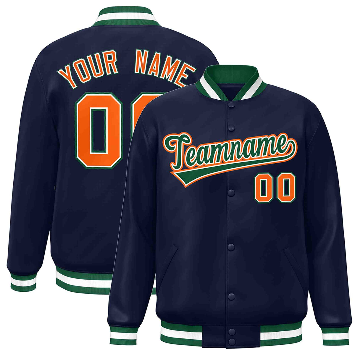 Custom Navy Green-White Classic Style Varsity Full-Snap Letterman Jacket | KXKSHOP