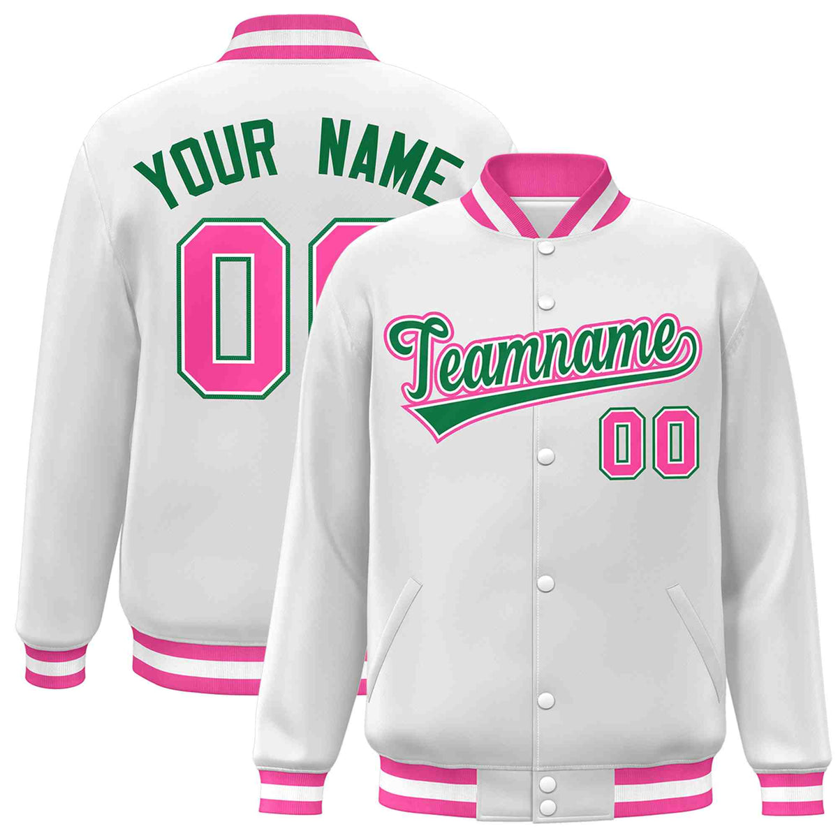 Custom White Green-White Classic Style Varsity Full-Snap Letterman Jacket | KXKSHOP