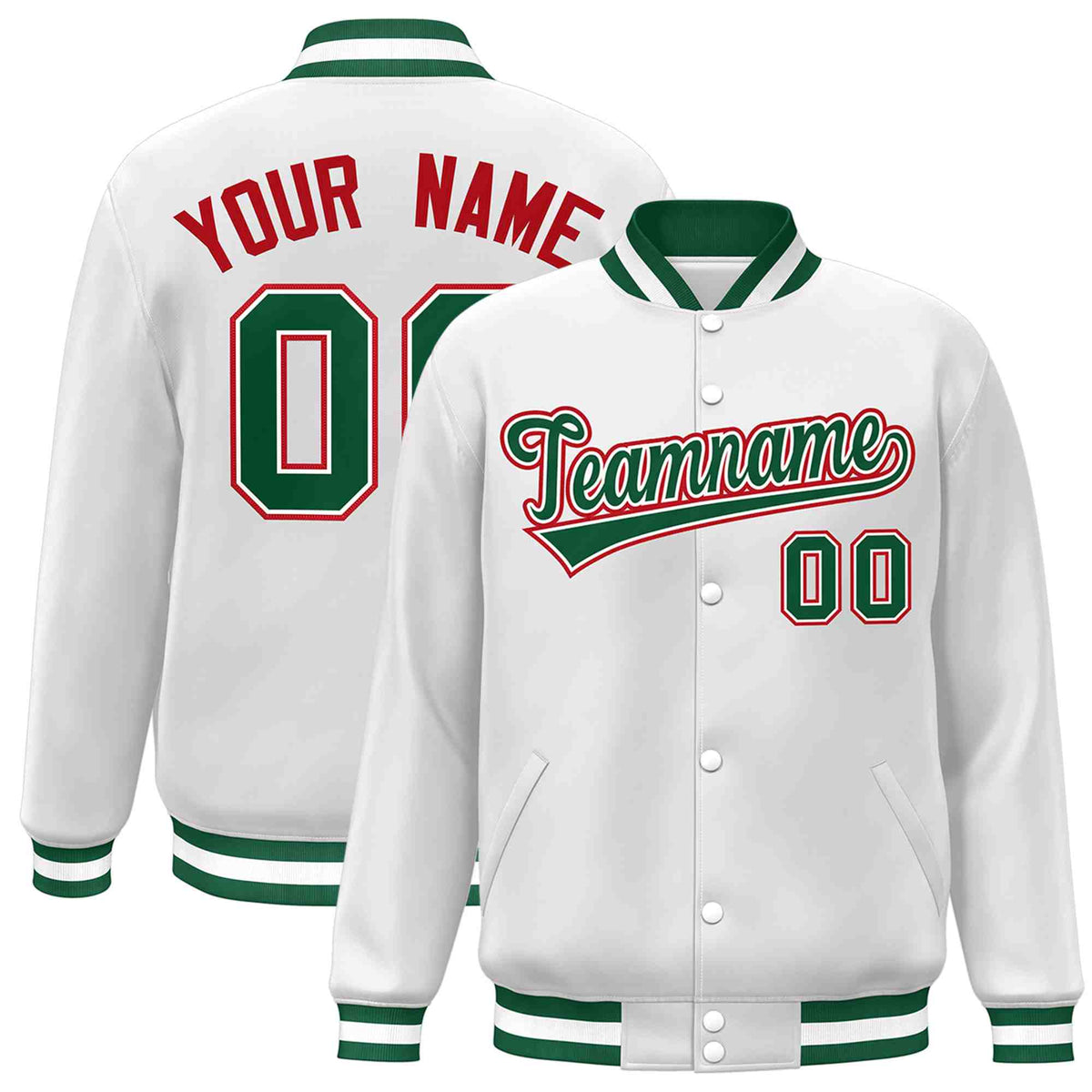 Custom White Green-White Classic Style Varsity Full-Snap Letterman Jacket | KXKSHOP