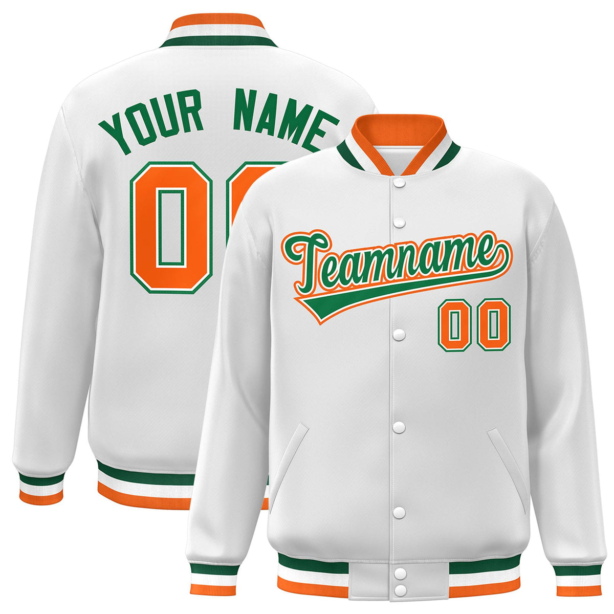 Custom White Green-White Classic Style Varsity Full-Snap Letterman Jacket | KXKSHOP