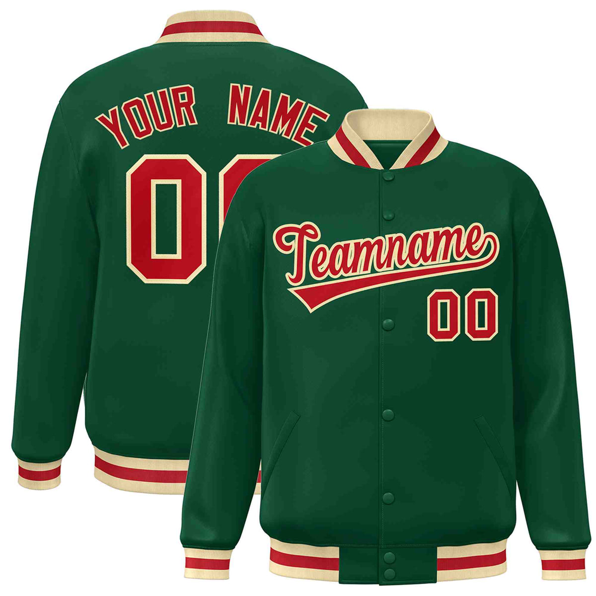 Custom Green Red-Khaki Classic Style Varsity Full-Snap Letterman Jacket | KXKSHOP