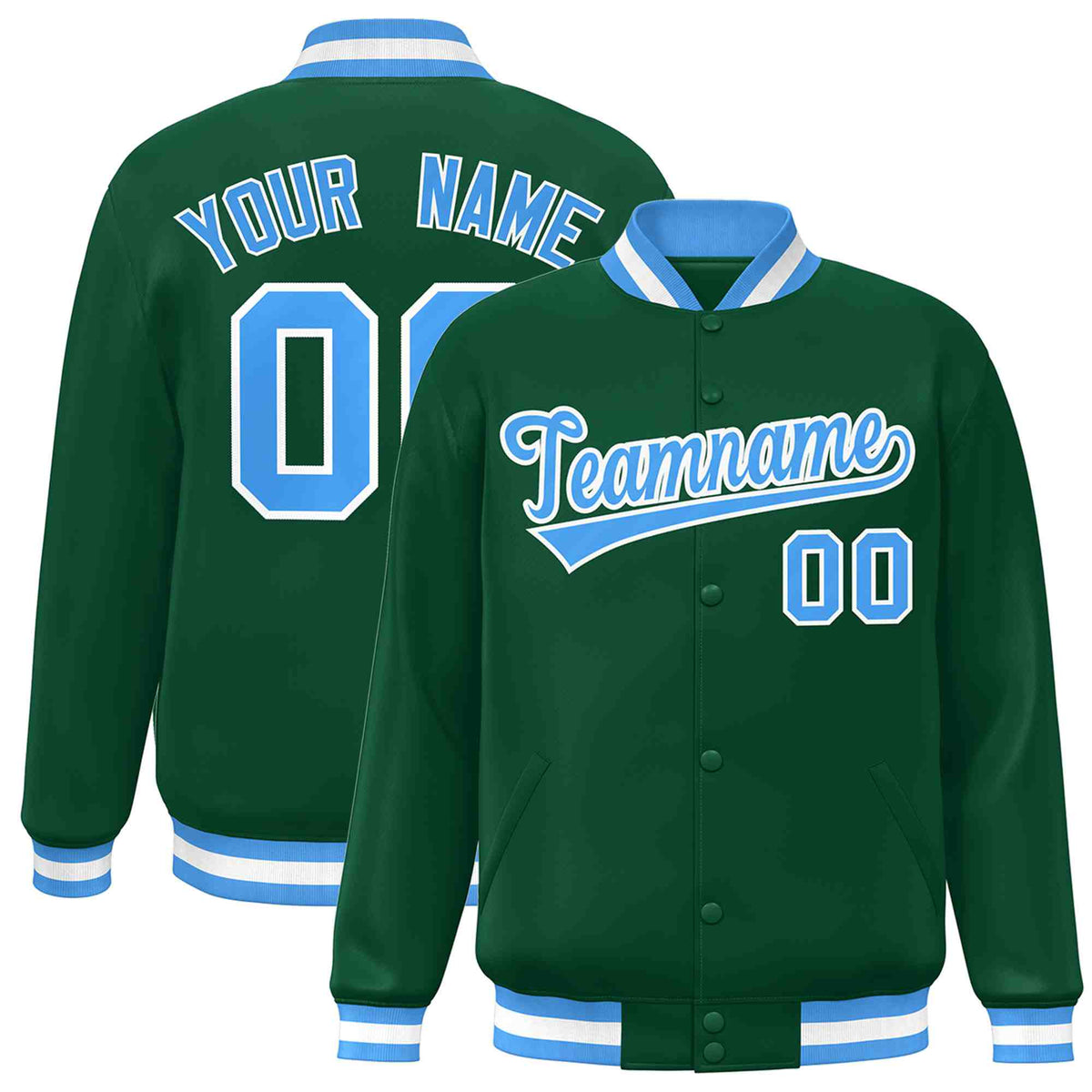 Custom Green Powder Blue-White Classic Style Varsity Full-Snap Letterman Jacket | KXKSHOP