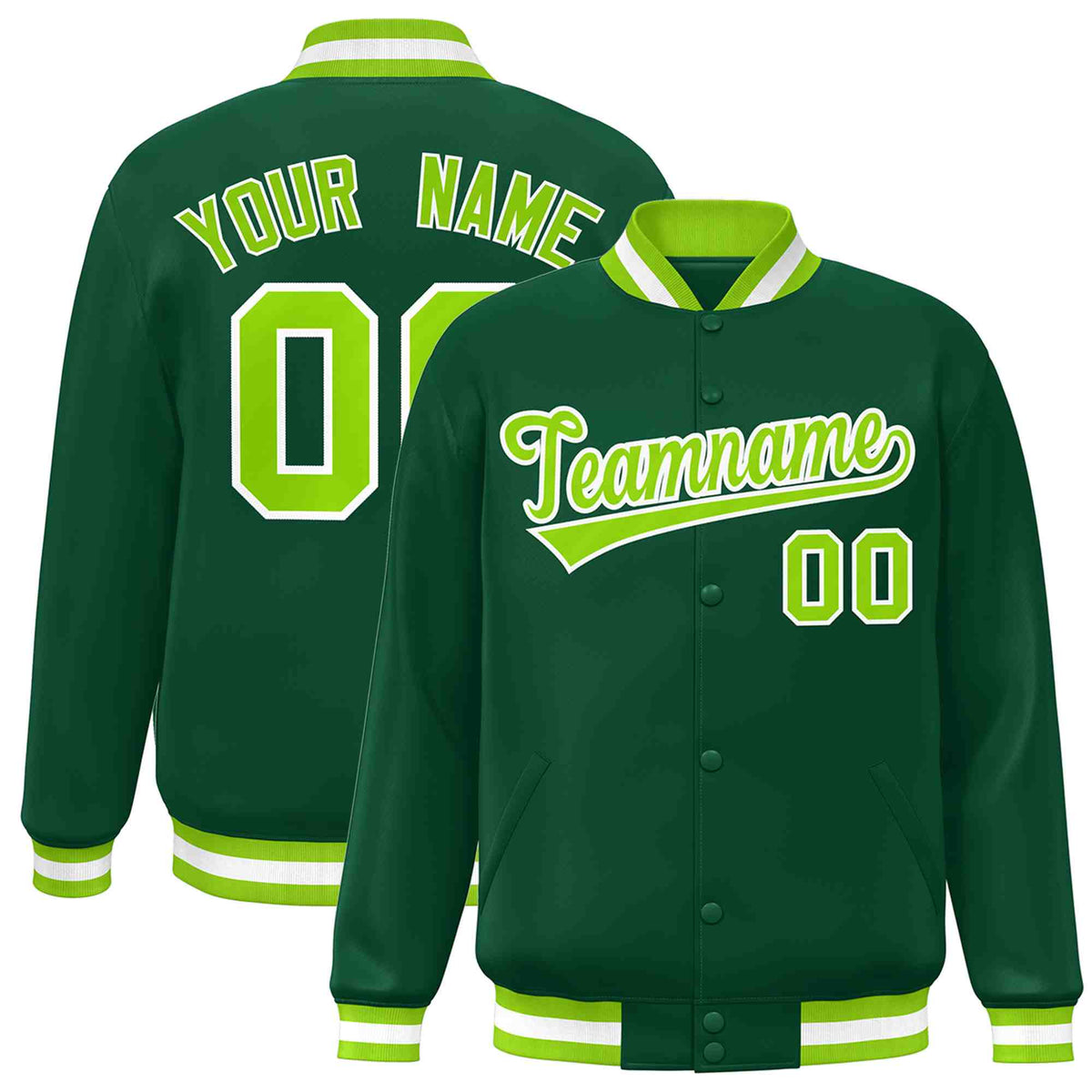 Custom Green Neon Green-White Classic Style Varsity Full-Snap Letterman Jacket | KXKSHOP