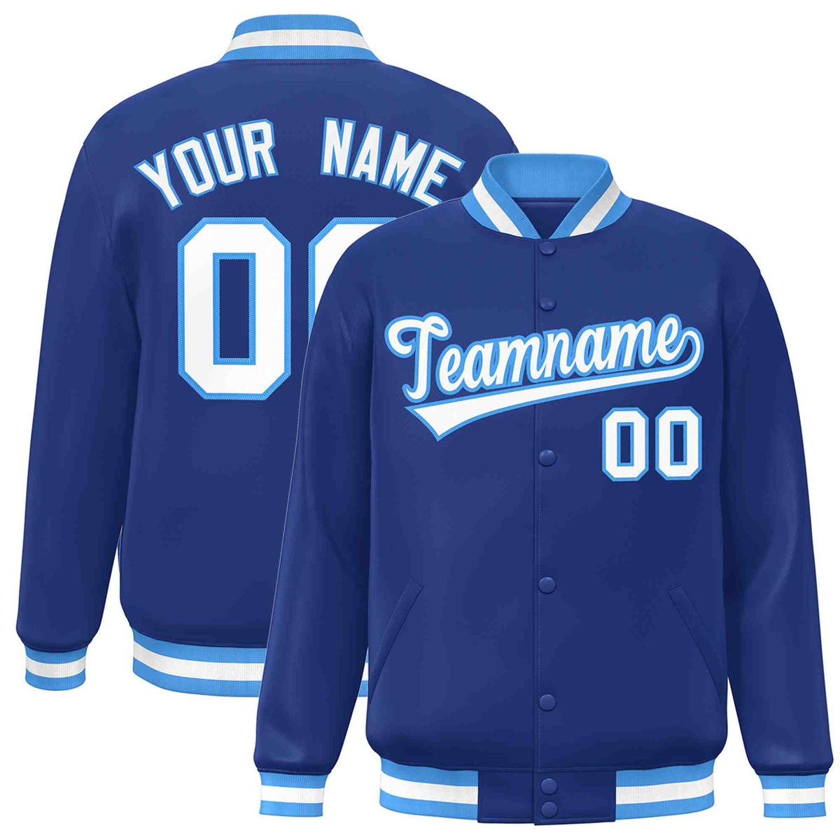 Custom Royal White-Powder Blue Classic Style Varsity Full-Snap Letterman Jacket | KXKSHOP