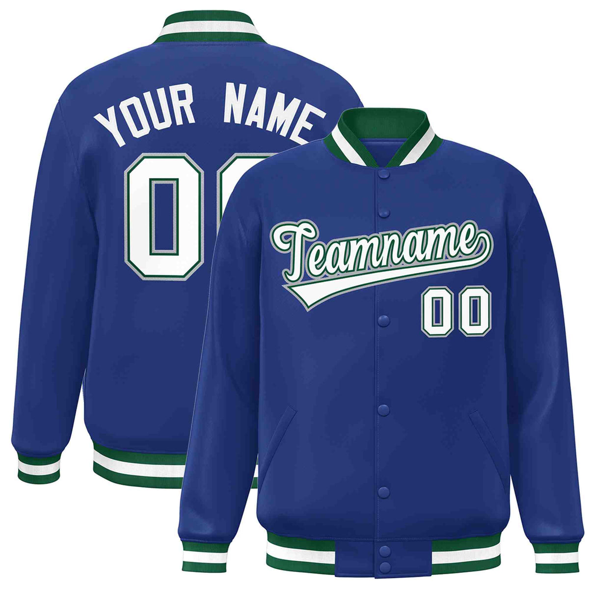 Custom Royal White-Green Classic Style Varsity Full-Snap Letterman Jacket | KXKSHOP
