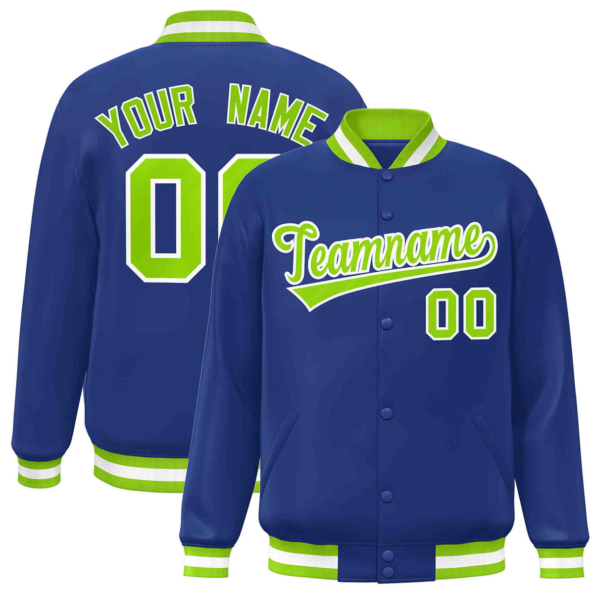 Custom Royal Neon Green-White Classic Style Varsity Full-Snap Letterman Jacket | KXKSHOP