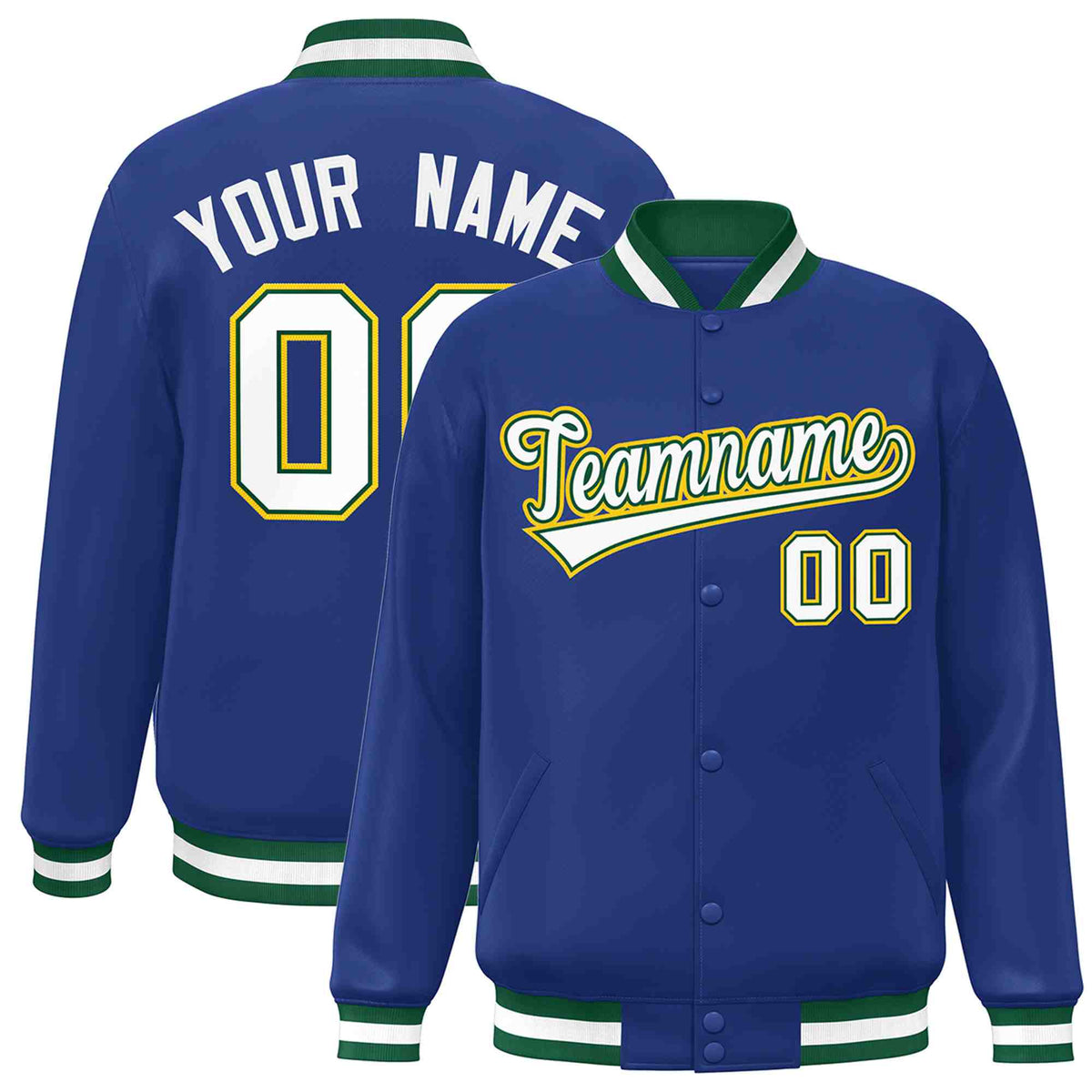 Custom Royal White-Green Classic Style Varsity Full-Snap Letterman Jacket | KXKSHOP