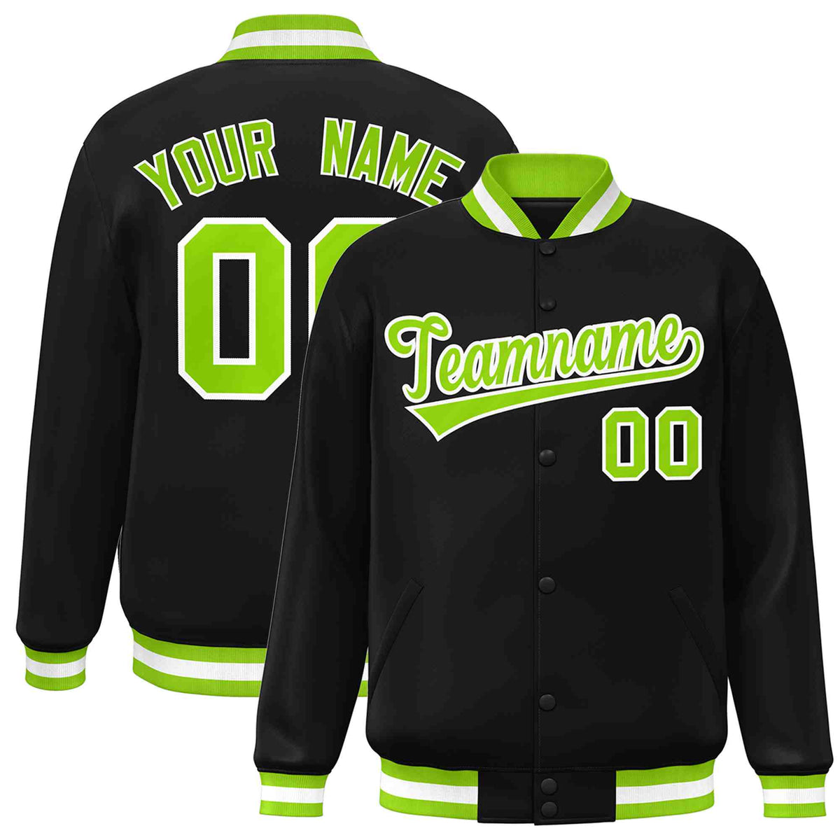 Custom Black Neon Green-White Classic Style Varsity Full-Snap Letterman Jacket | KXKSHOP