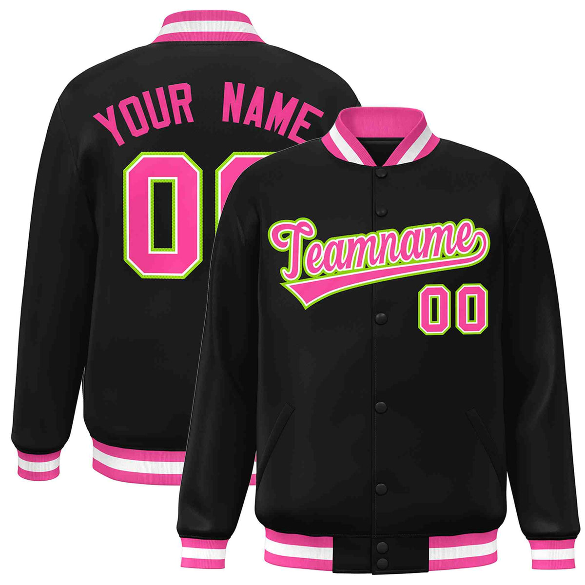 Custom Black Pink-White Classic Style Varsity Full-Snap Letterman Jacket | KXKSHOP