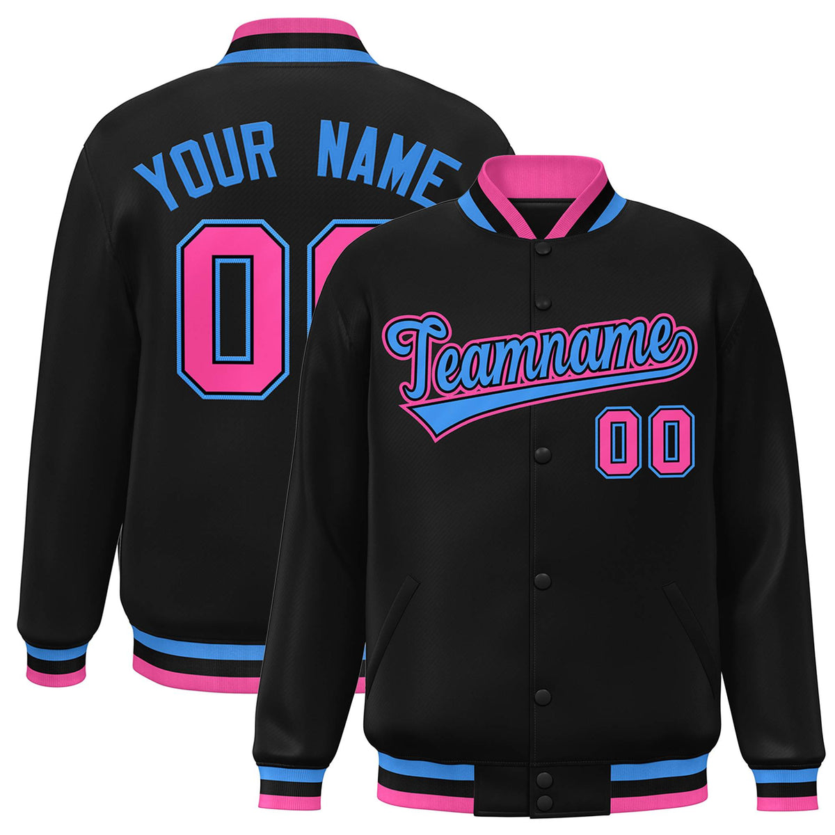 Custom Black Powder Blue-Black Classic Style Varsity Full-Snap Letterman Jacket | KXKSHOP