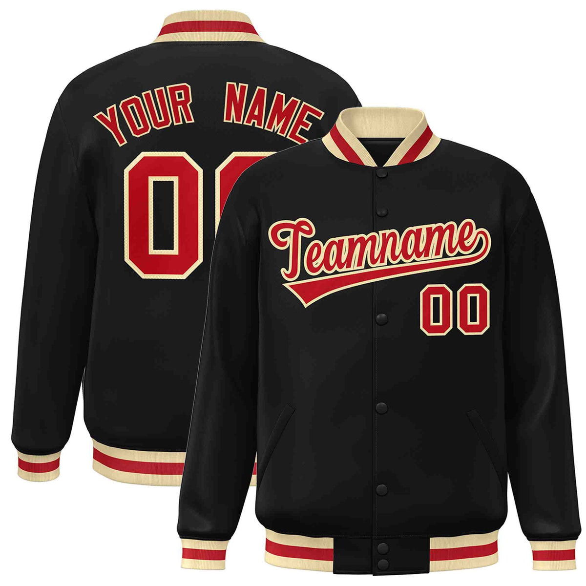 Custom Black Red-Khaki Classic Style Varsity Full-Snap Letterman Jacket | KXKSHOP