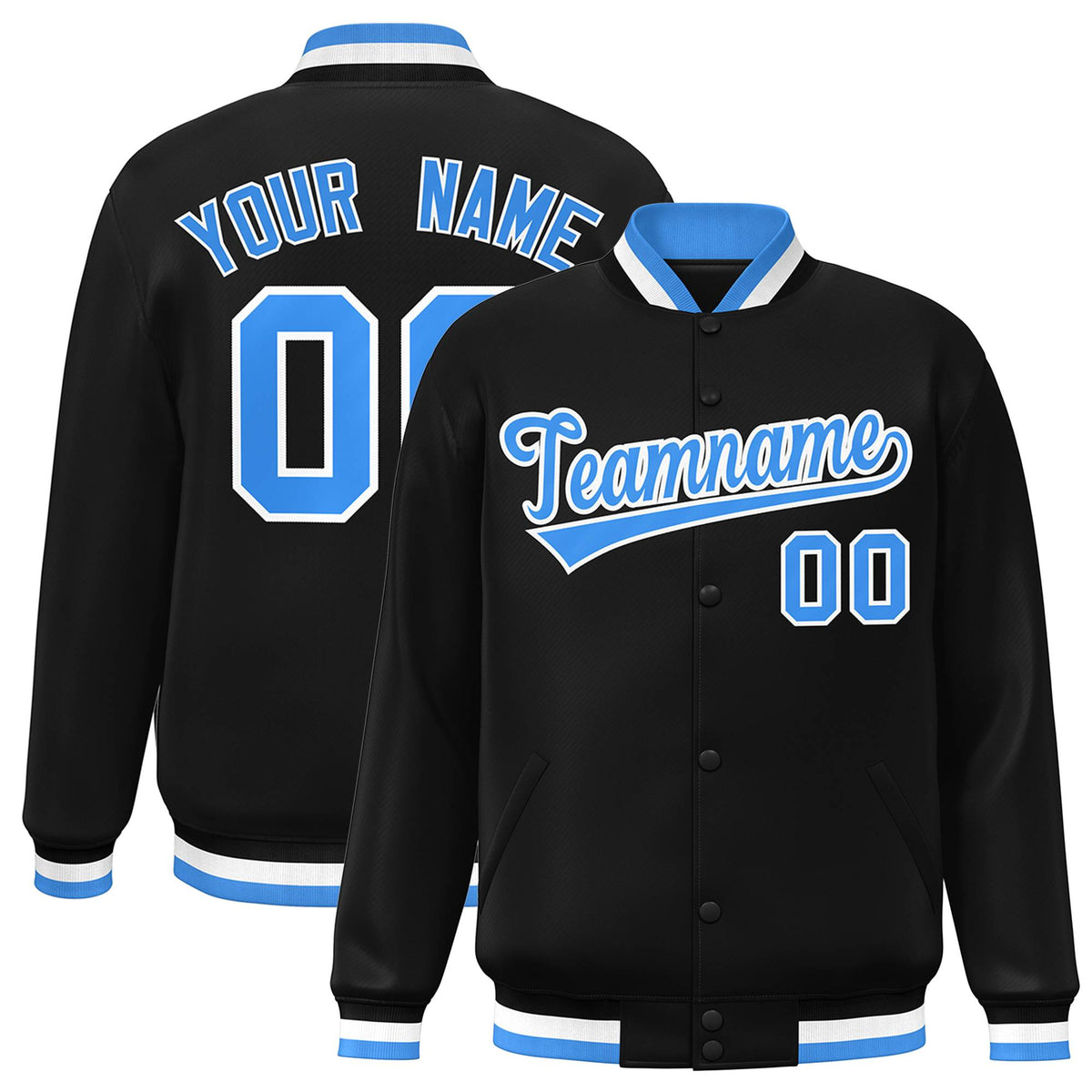Custom Black Powder Blue-White Classic Style Varsity Full-Snap Letterman Jacket | KXKSHOP