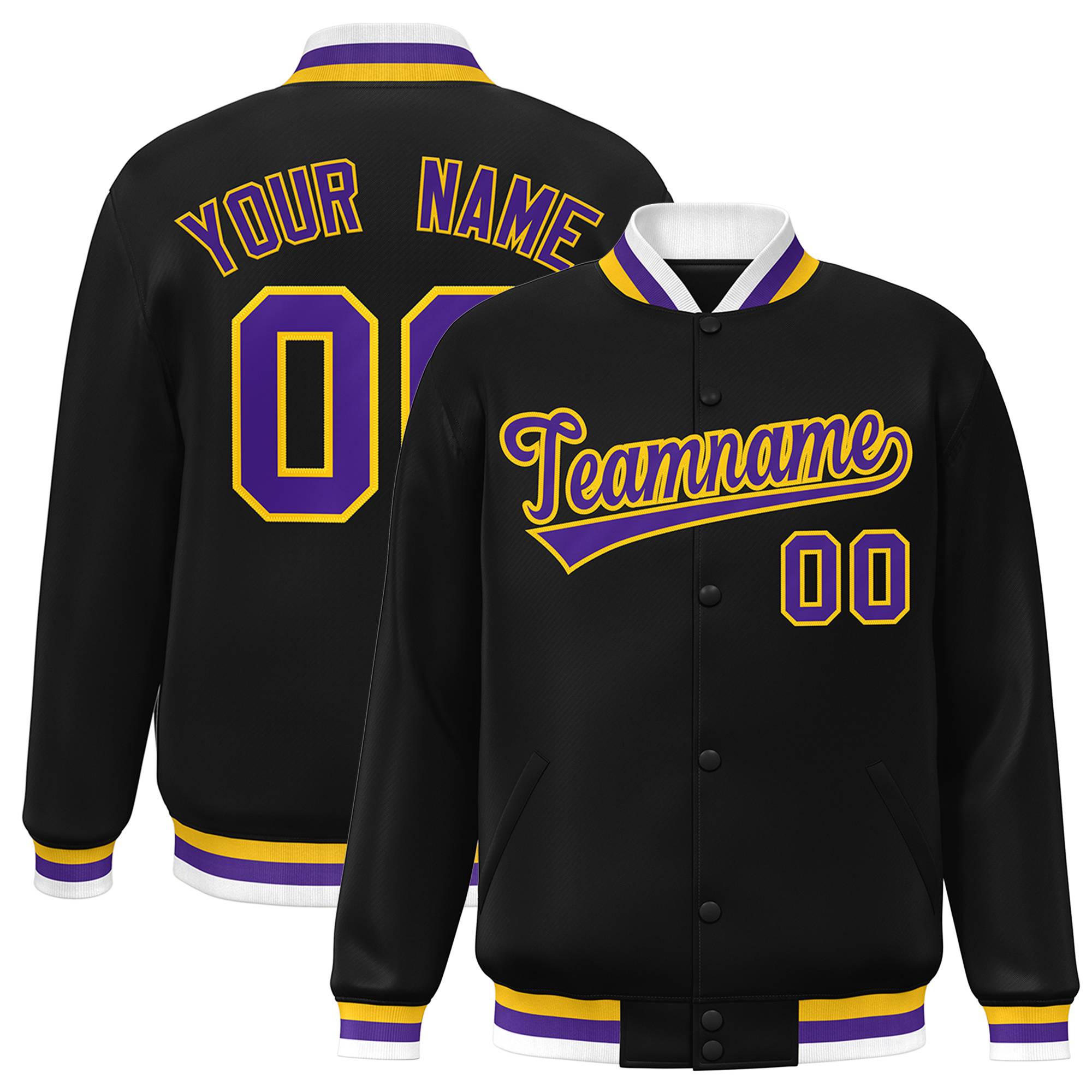 Custom Black Purple-Gold Classic Style Varsity Full-Snap Letterman Jacket | KXKSHOP