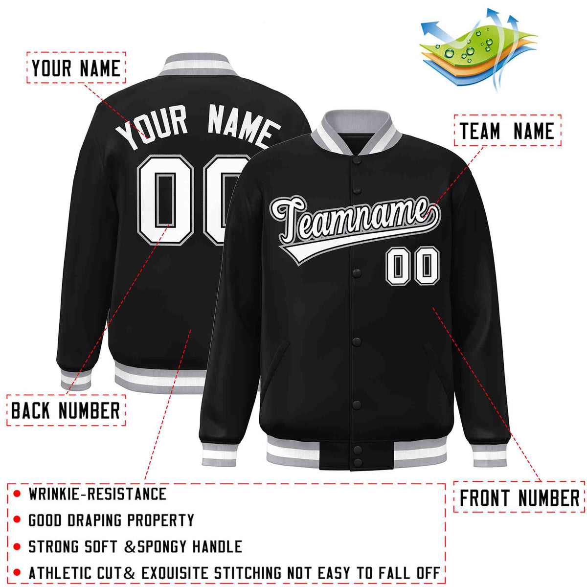 Custom White Black-Gray Classic Style Varsity Full-Snap Letterman Jacket | KXKSHOP