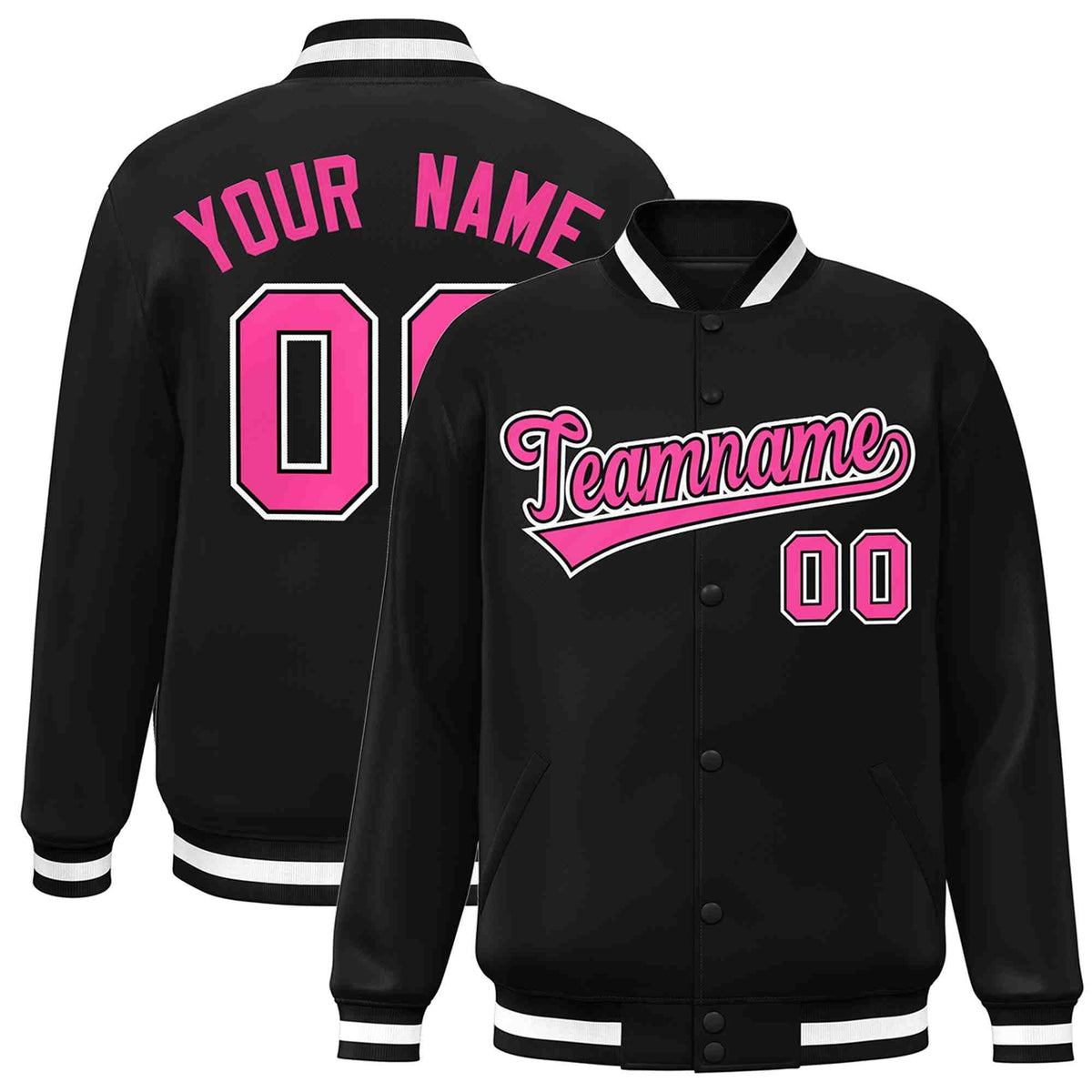 Custom Black Pink-Black Classic Style Varsity Full-Snap Letterman Jacket | KXKSHOP
