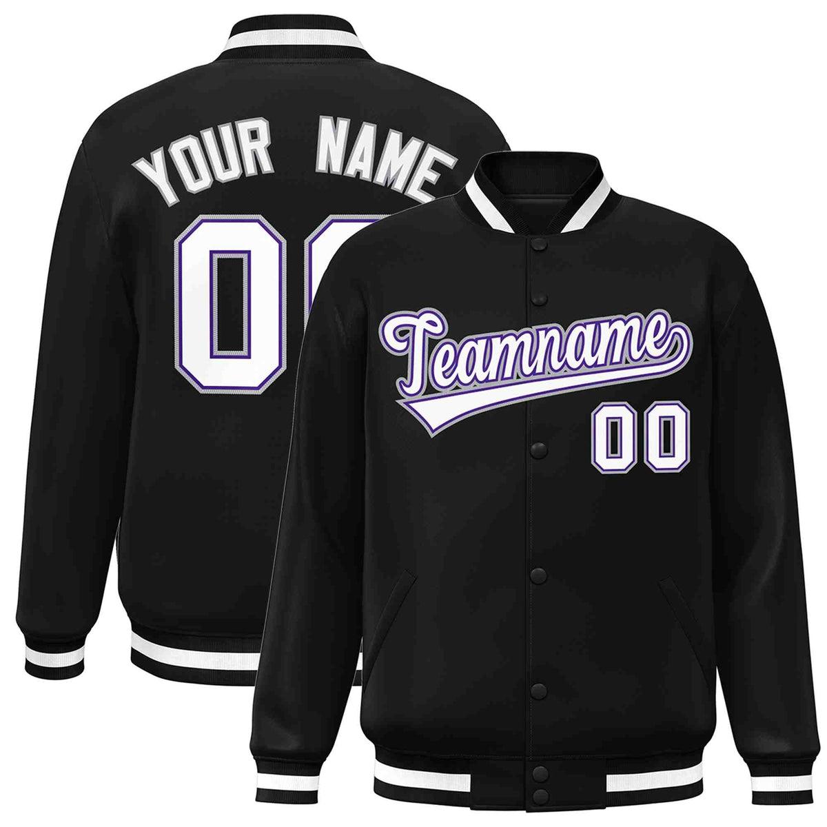 Custom Black White-Purple Classic Style Varsity Full-Snap Letterman Jacket | KXKSHOP