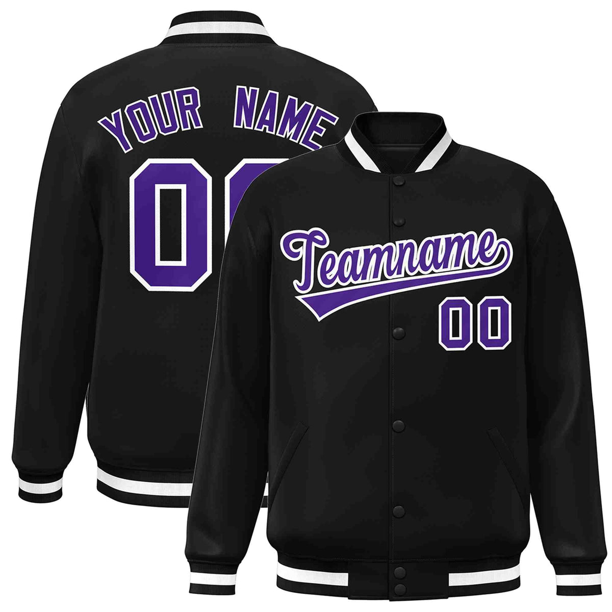 Custom Black Purple-White Classic Style Varsity Full-Snap Letterman Jacket | KXKSHOP